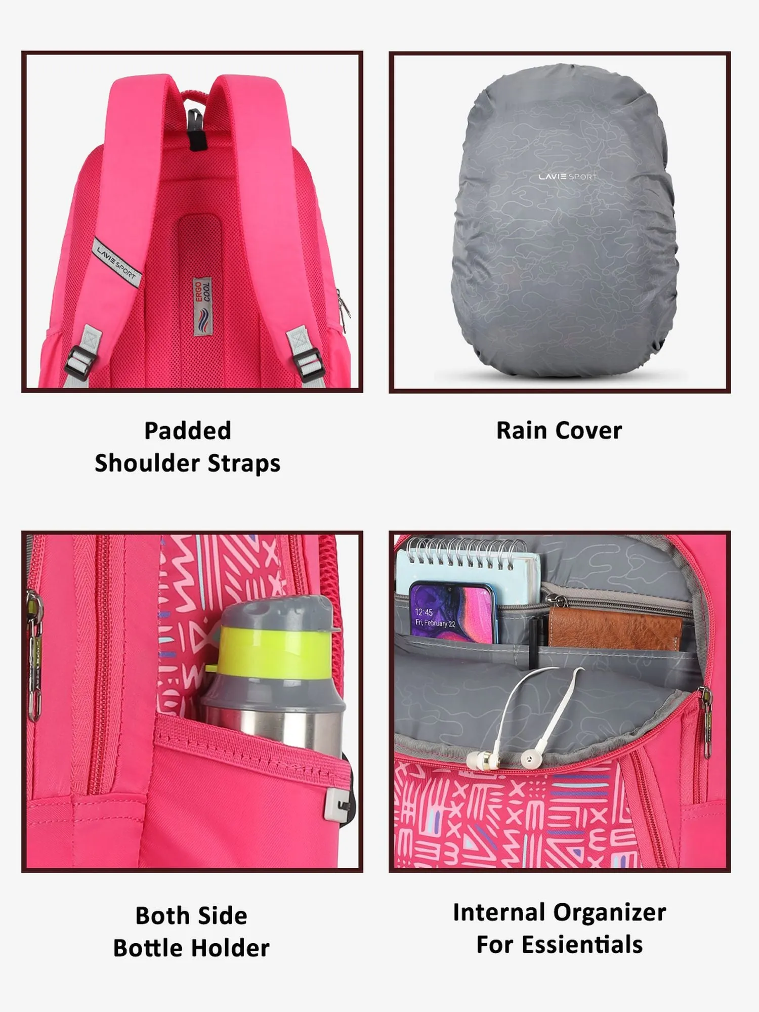 Lavie Sport Tribe 39L Printed School Backpack with Rain cover for Girls Magenta