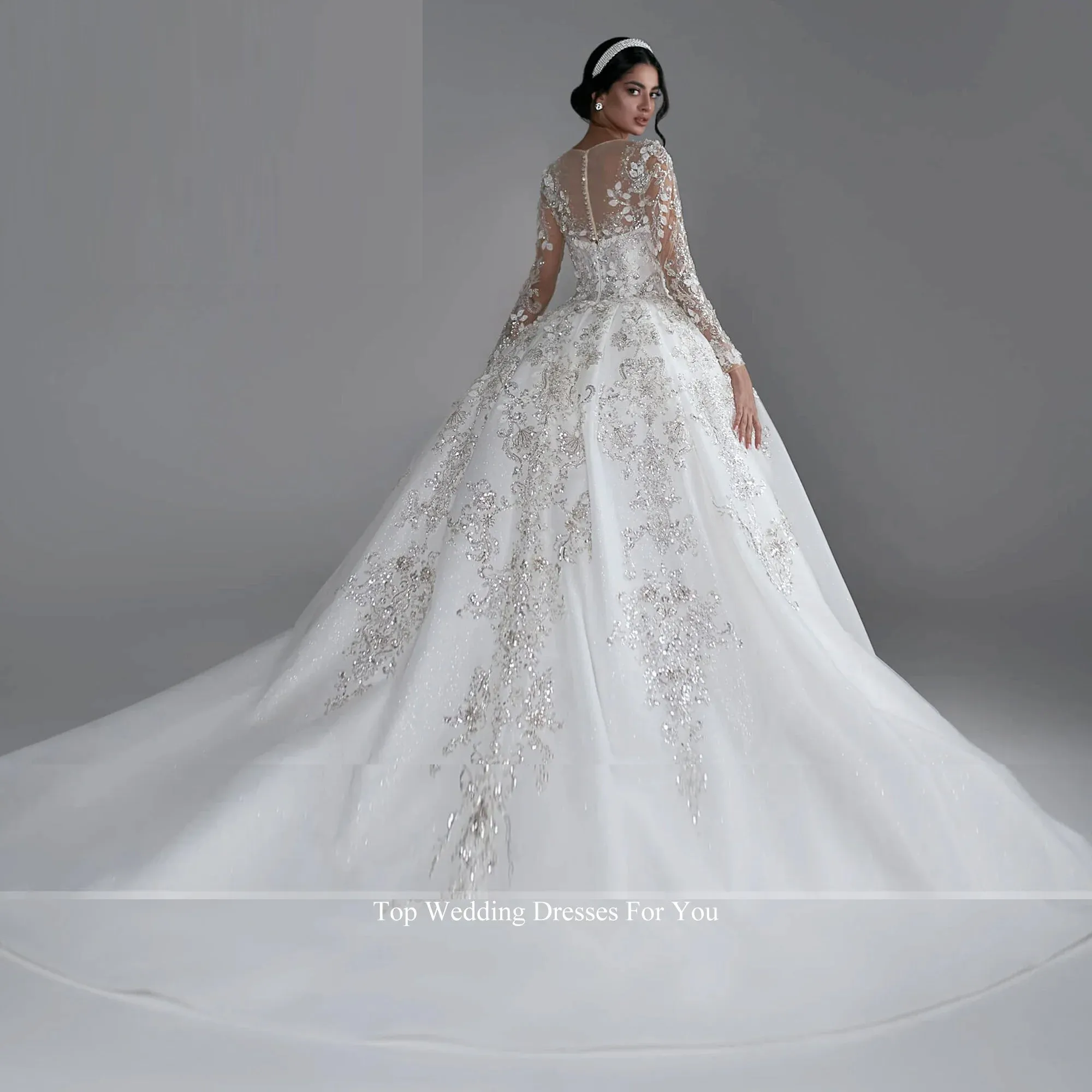 Long Sleeve Ball Gown with Sequined Beading & Royal Train