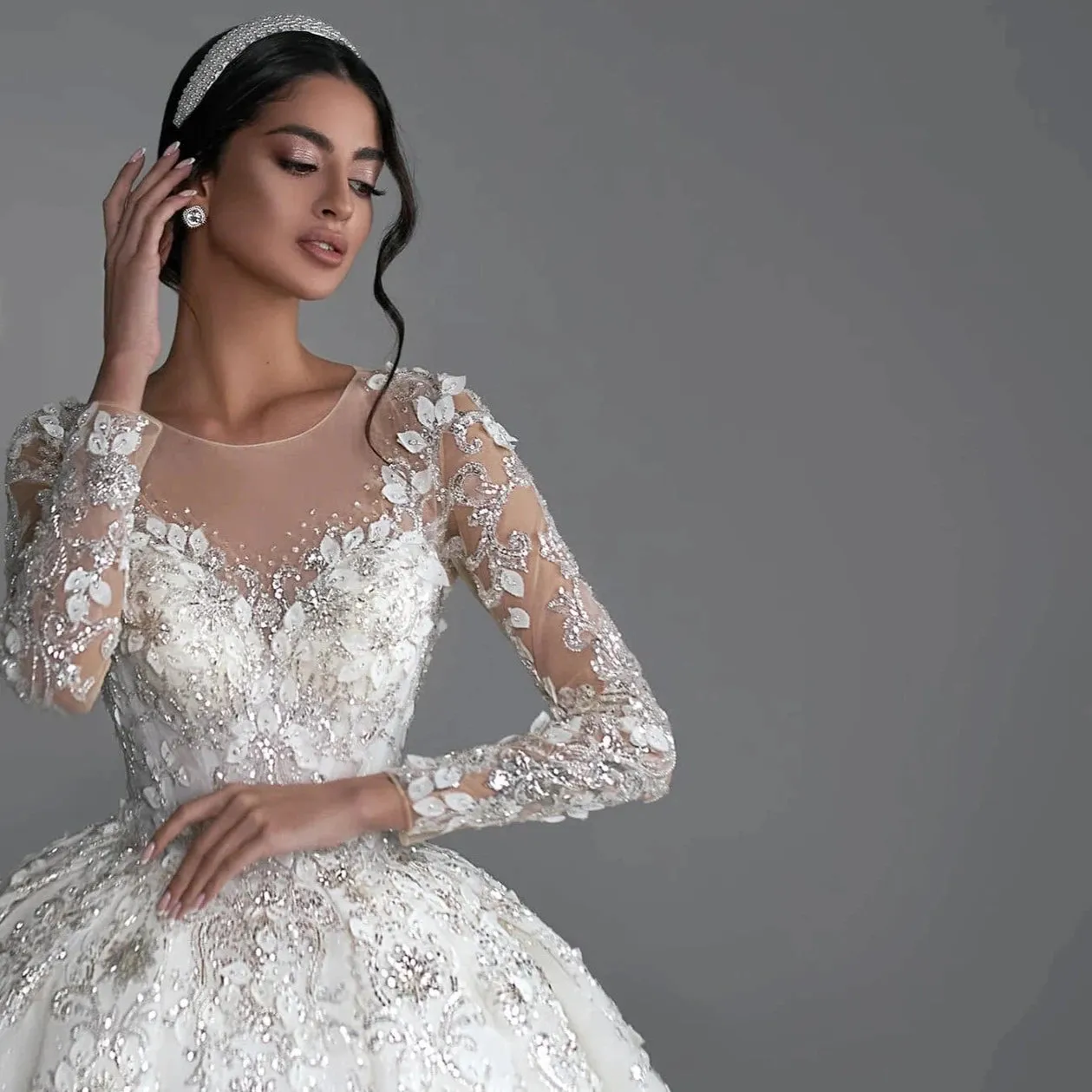 Long Sleeve Ball Gown with Sequined Beading & Royal Train