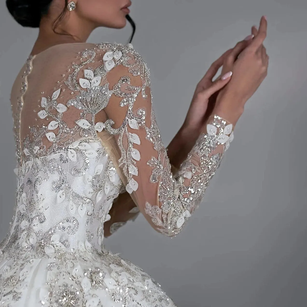 Long Sleeve Ball Gown with Sequined Beading & Royal Train