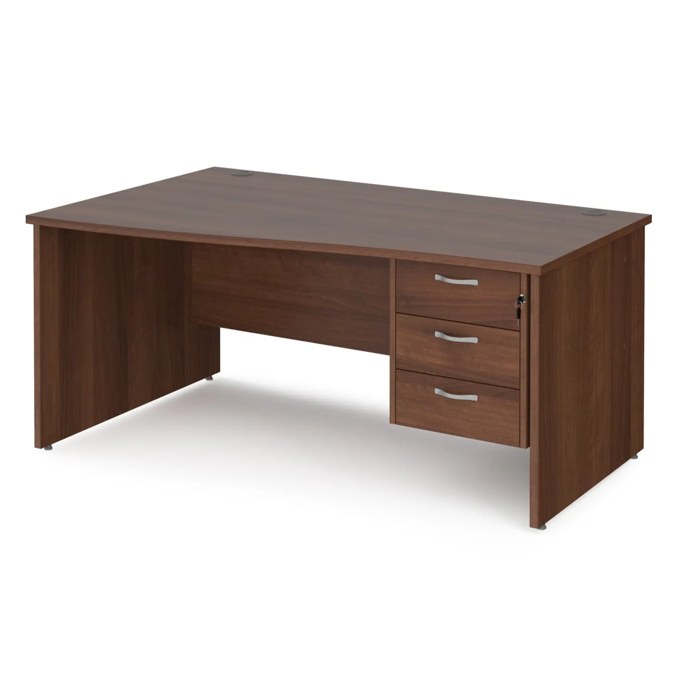Maestro 25 left hand wave desk with 3 drawer pedestal and panel end leg