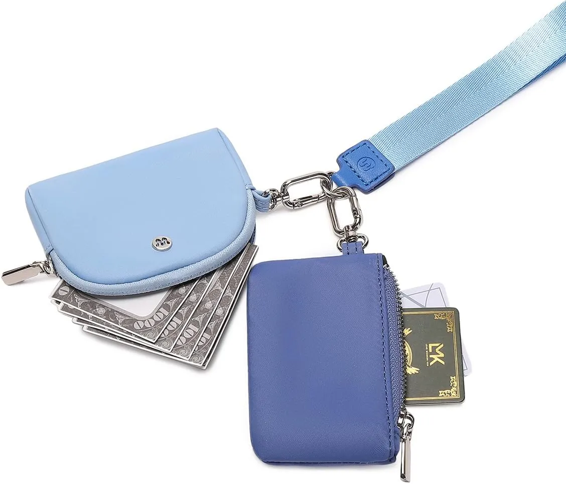 Mini Zip Around Wristlet Wallet for Women Detachable Dual Pouch Wristlet Portable Coin Pocket Keychain Small Purse (Blue)