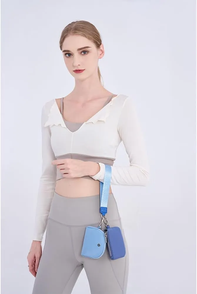 Mini Zip Around Wristlet Wallet for Women Detachable Dual Pouch Wristlet Portable Coin Pocket Keychain Small Purse (Blue)