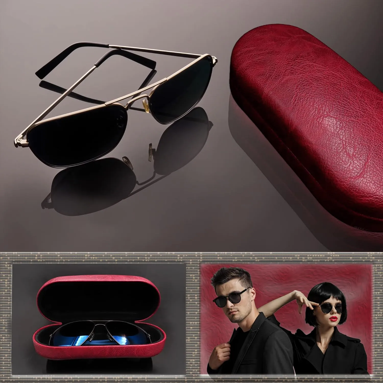 MyEyeglassCase - Large Sunglasses Case - Hard Glasses Case Holder w/Pouch & Cloth - Eyeglass Case Aviator Frames Men & Women
