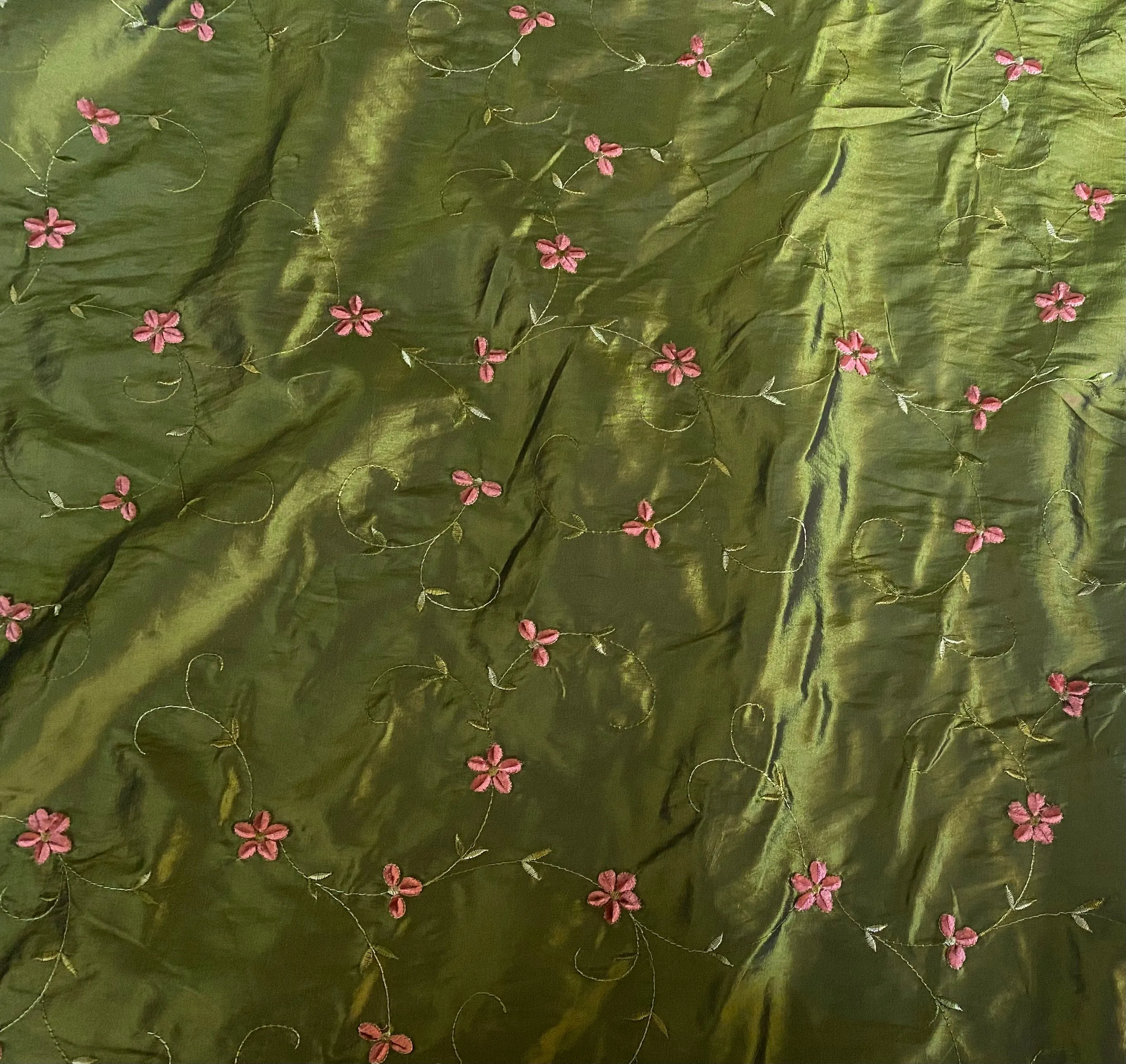 NEW Duchess Dahlila Olive Green Iridescence Faux Silk Embroidered Fabric