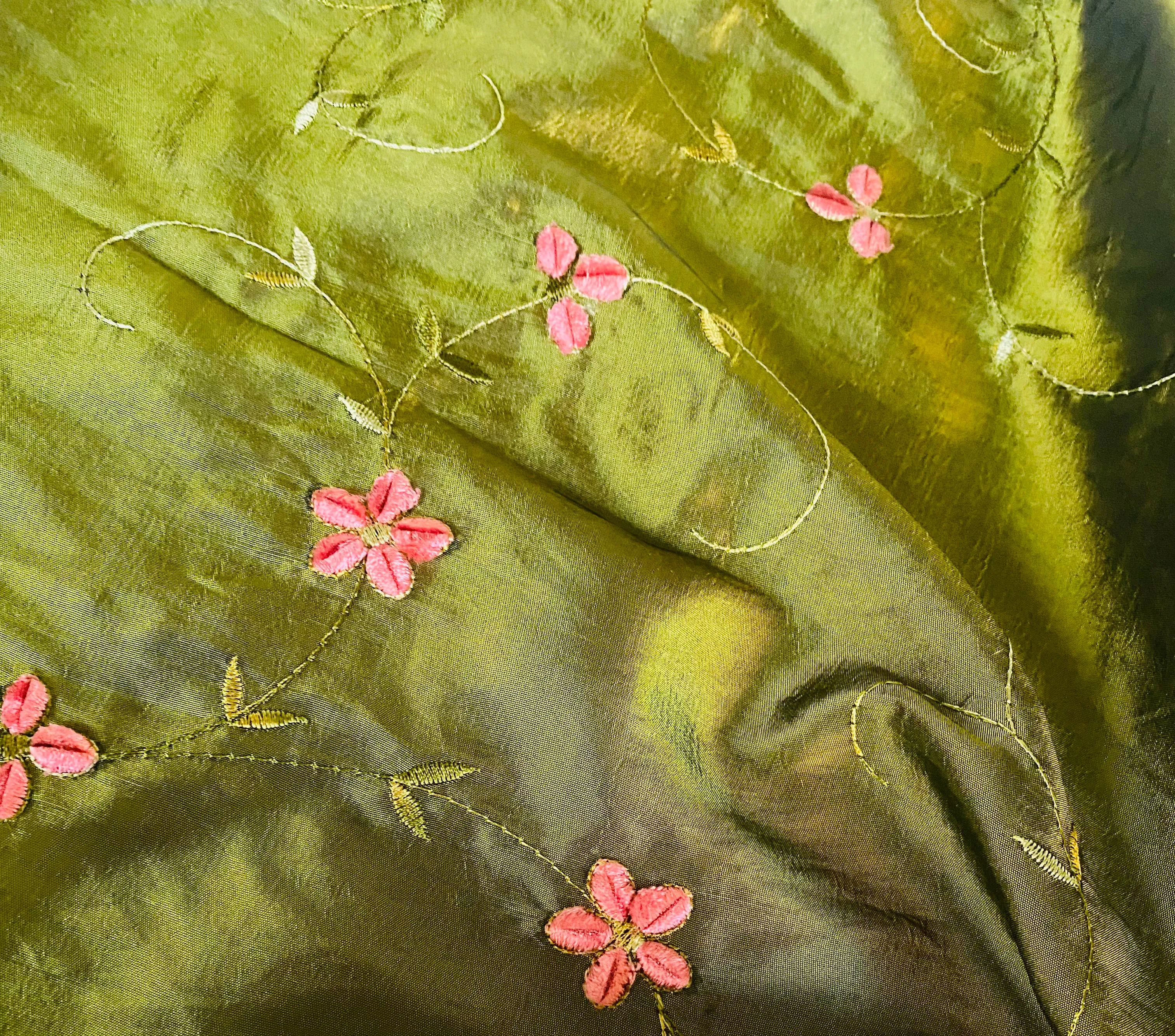 NEW Duchess Dahlila Olive Green Iridescence Faux Silk Embroidered Fabric