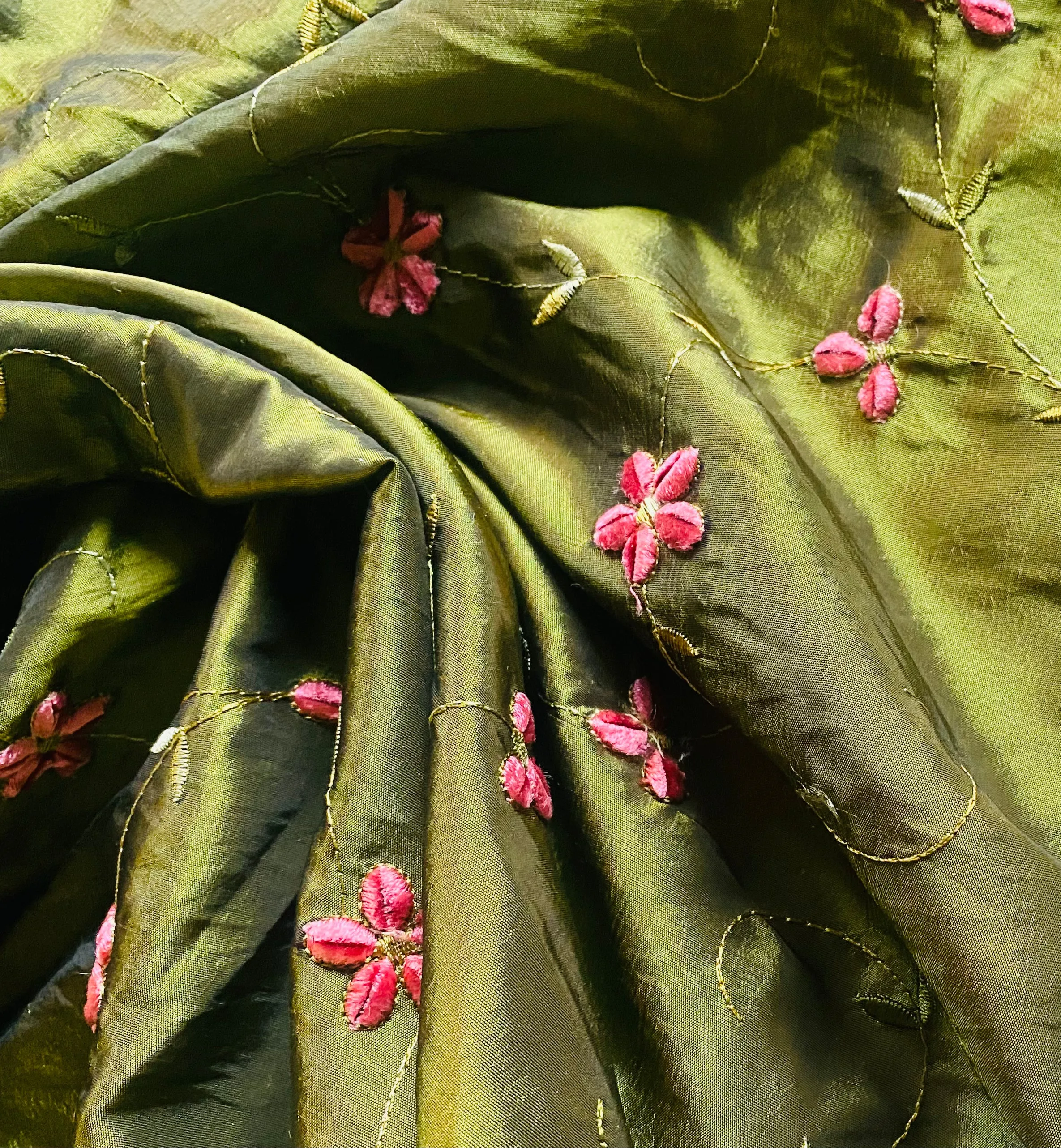 NEW Duchess Dahlila Olive Green Iridescence Faux Silk Embroidered Fabric
