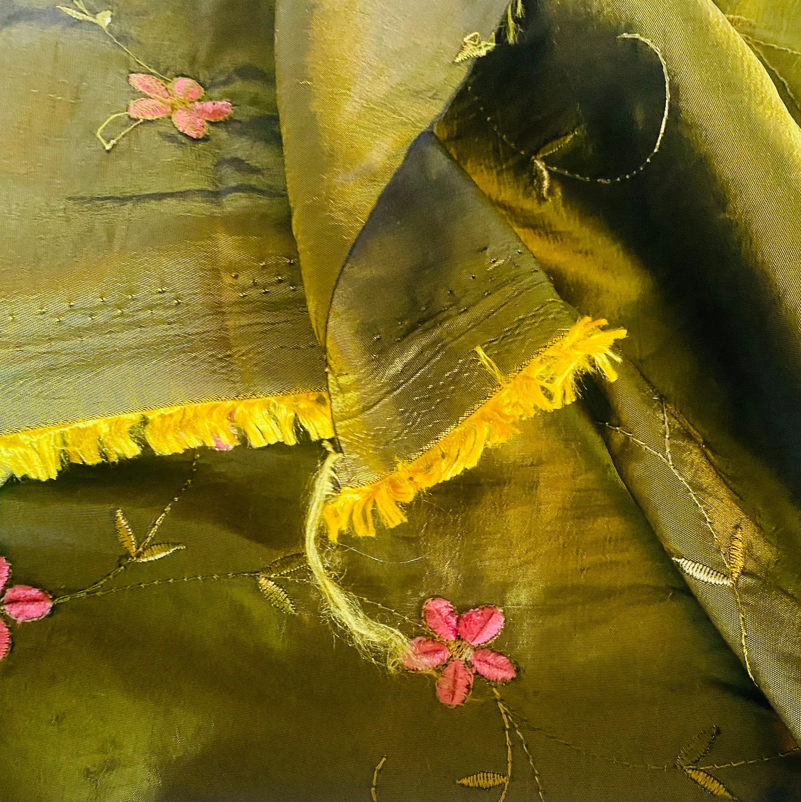 NEW Duchess Dahlila Olive Green Iridescence Faux Silk Embroidered Fabric