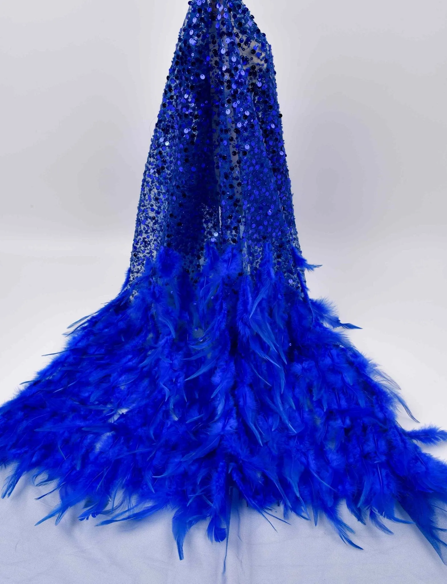 Nylon Mesh Hand Work Feather & Sequins Embroidery Fabric, Bridal Wear