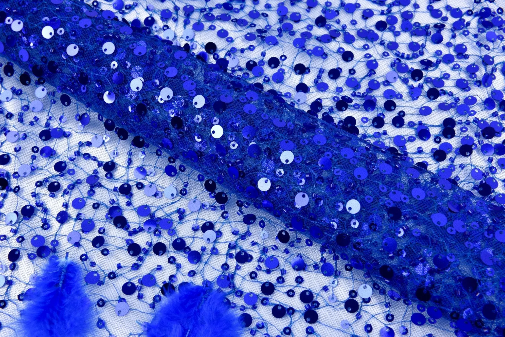 Nylon Mesh Hand Work Feather & Sequins Embroidery Fabric, Bridal Wear