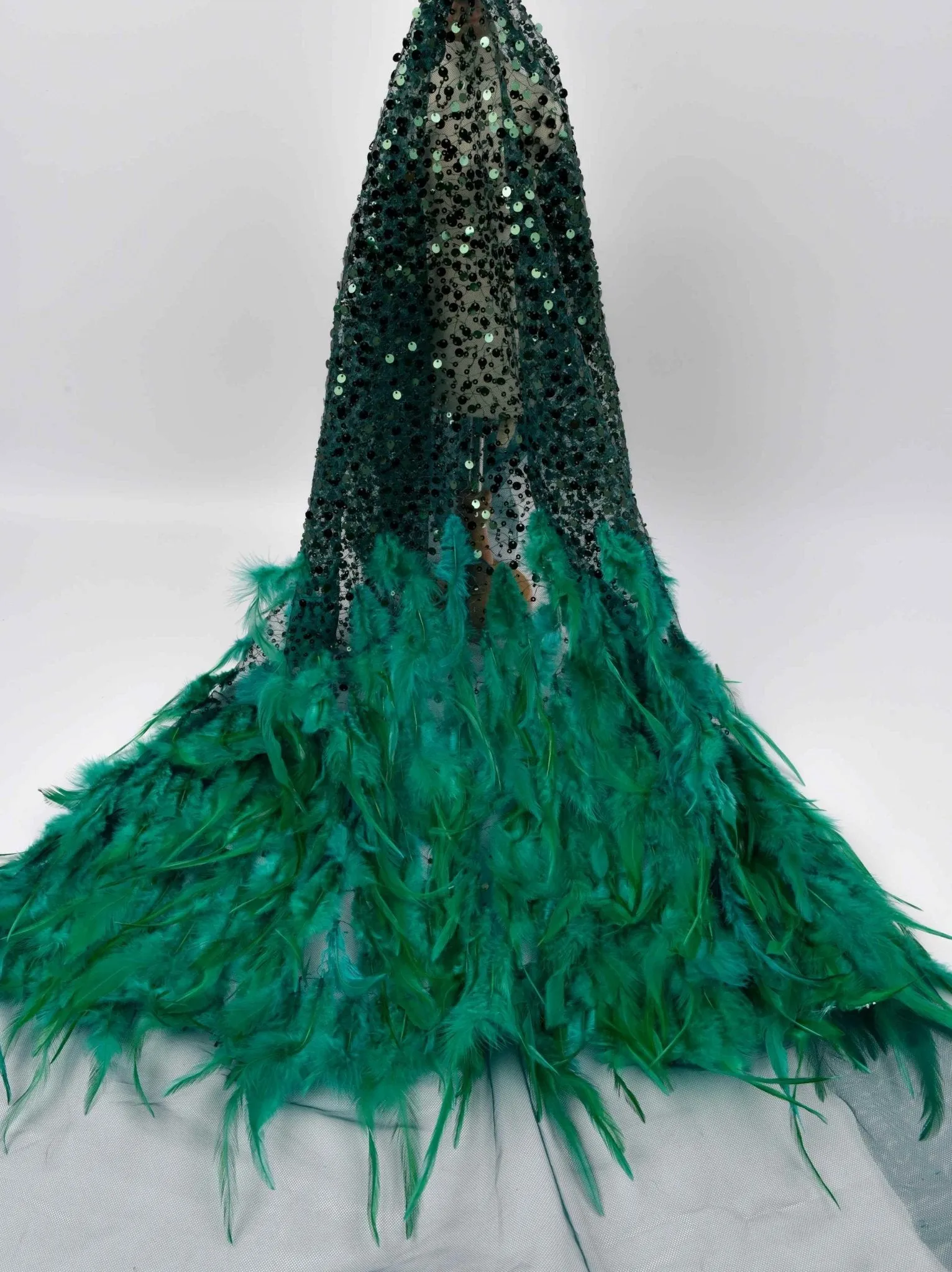 Nylon Mesh Hand Work Feather & Sequins Embroidery Fabric, Bridal Wear
