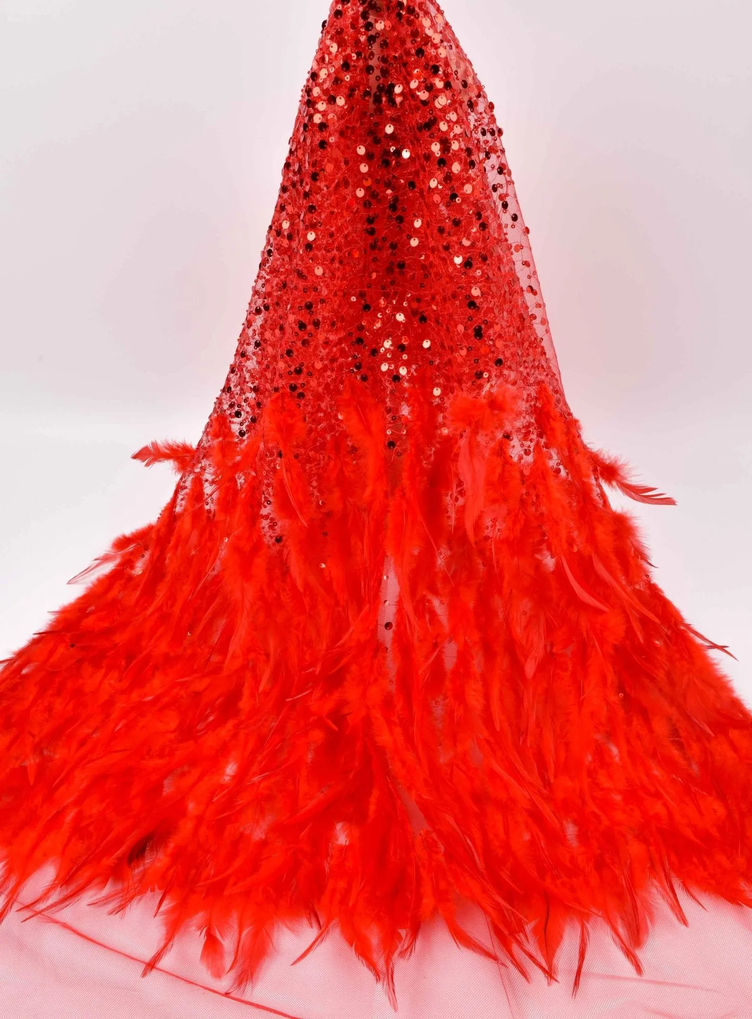 Nylon Mesh Hand Work Feather & Sequins Embroidery Fabric, Bridal Wear