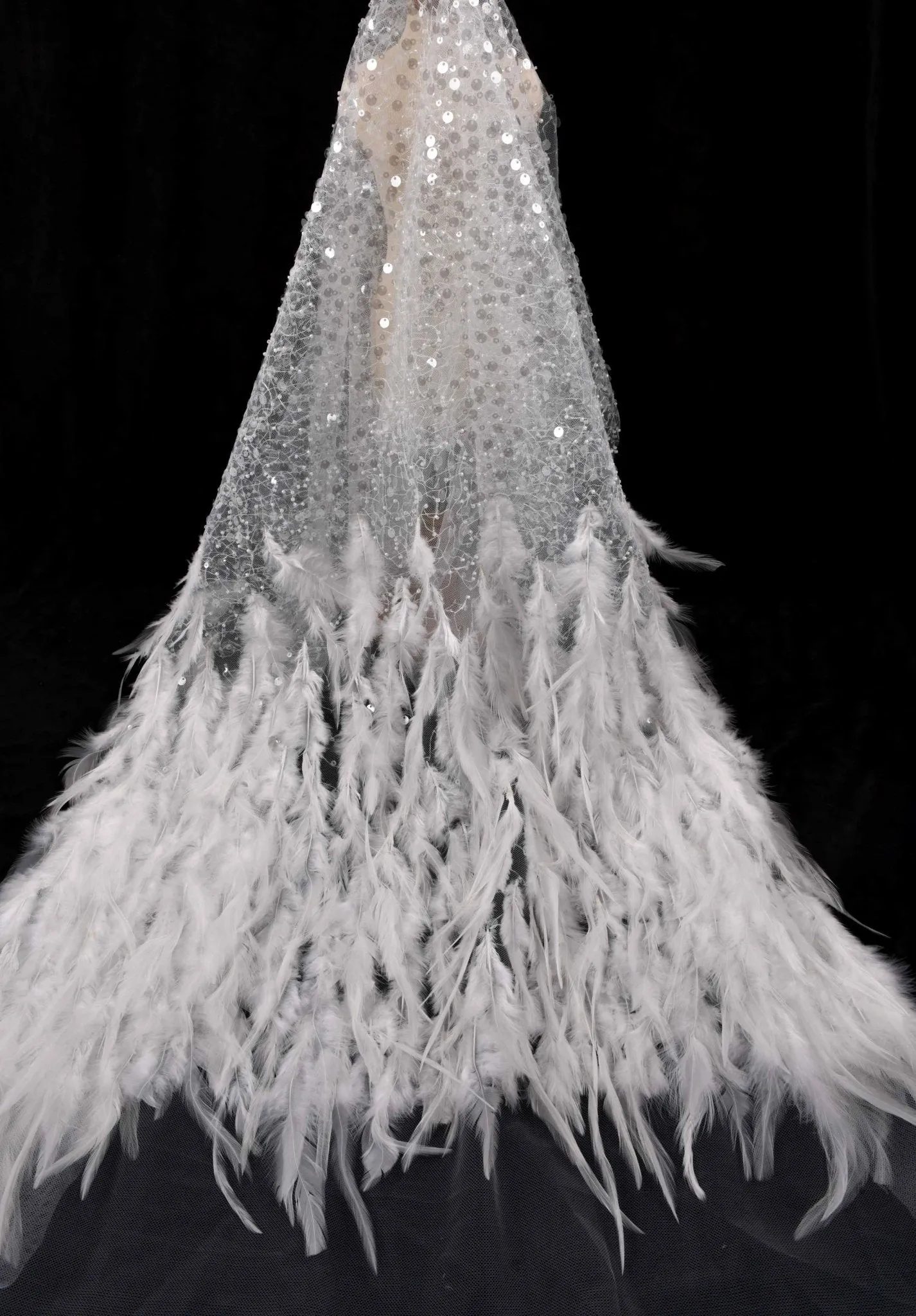Nylon Mesh Hand Work Feather & Sequins Embroidery Fabric, Bridal Wear
