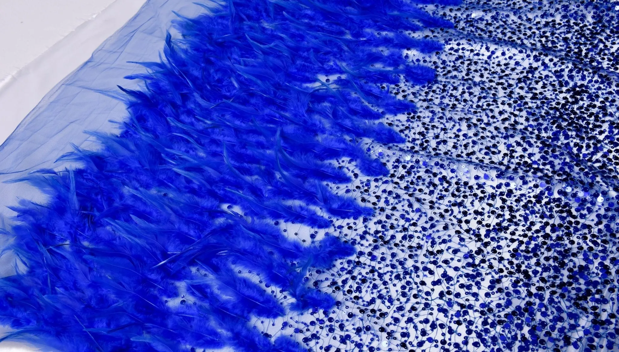 Nylon Mesh Hand Work Feather & Sequins Embroidery Fabric, Bridal Wear