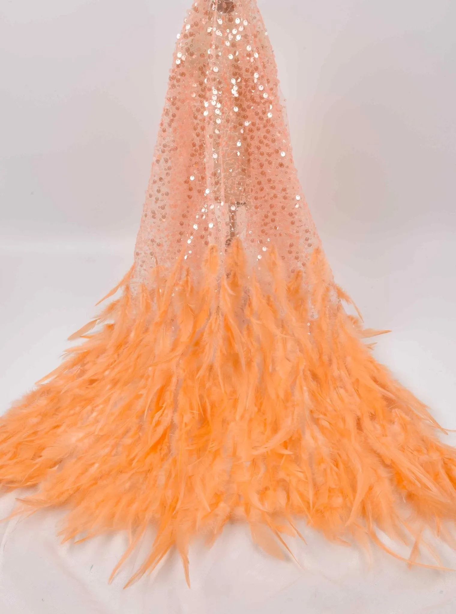 Nylon Mesh Hand Work Feather & Sequins Embroidery Fabric, Bridal Wear