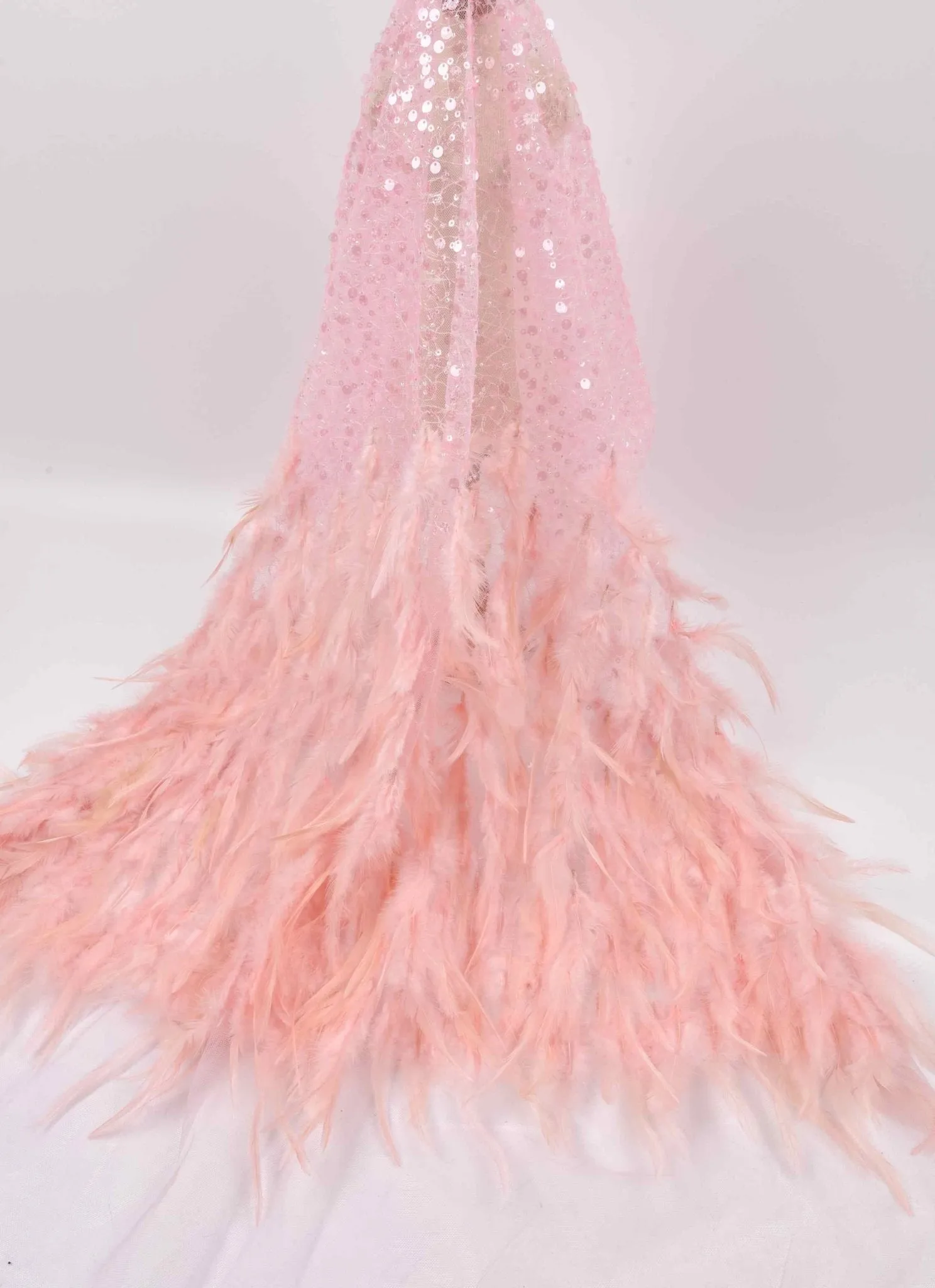 Nylon Mesh Hand Work Feather & Sequins Embroidery Fabric, Bridal Wear