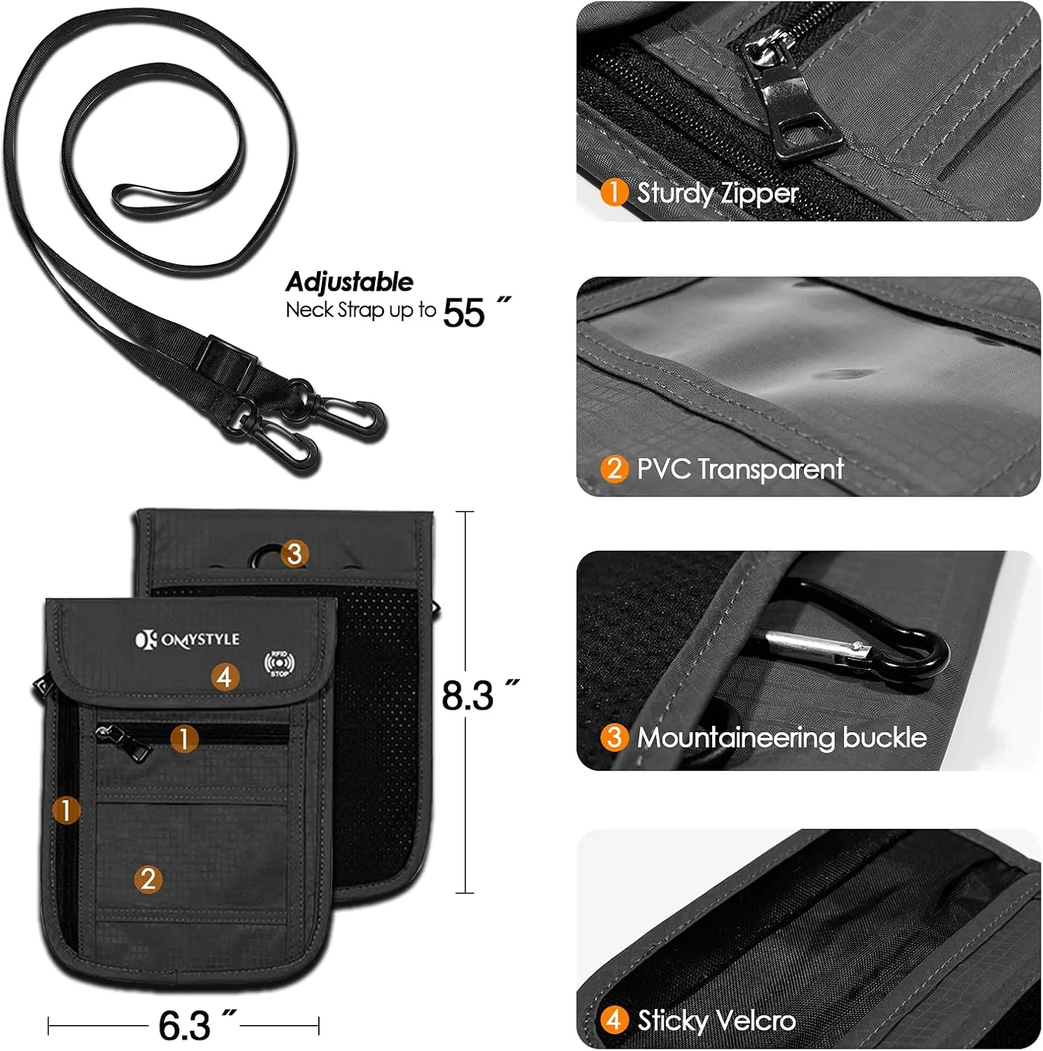 OMYSTYLE Neck Wallet, RFID Passport Holder for Travel, Adjustable Neck Strap, Waterproof Neck Pouch for Men & Women to Keep Cash, Credit Cards and Documents Safe, Dark Grey (8x6)