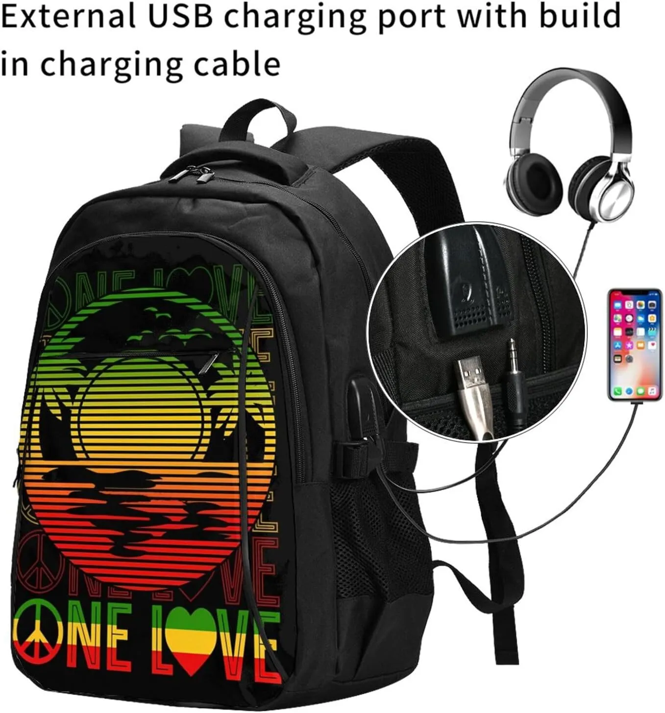 One Loves Caribbean Rastafari Jamaica Travel Backpack Laptop Backpacks Business Rucksack Outdoor Daypack Large Sport Bag with Luggage Strap USB Charging Port for Hiking Working