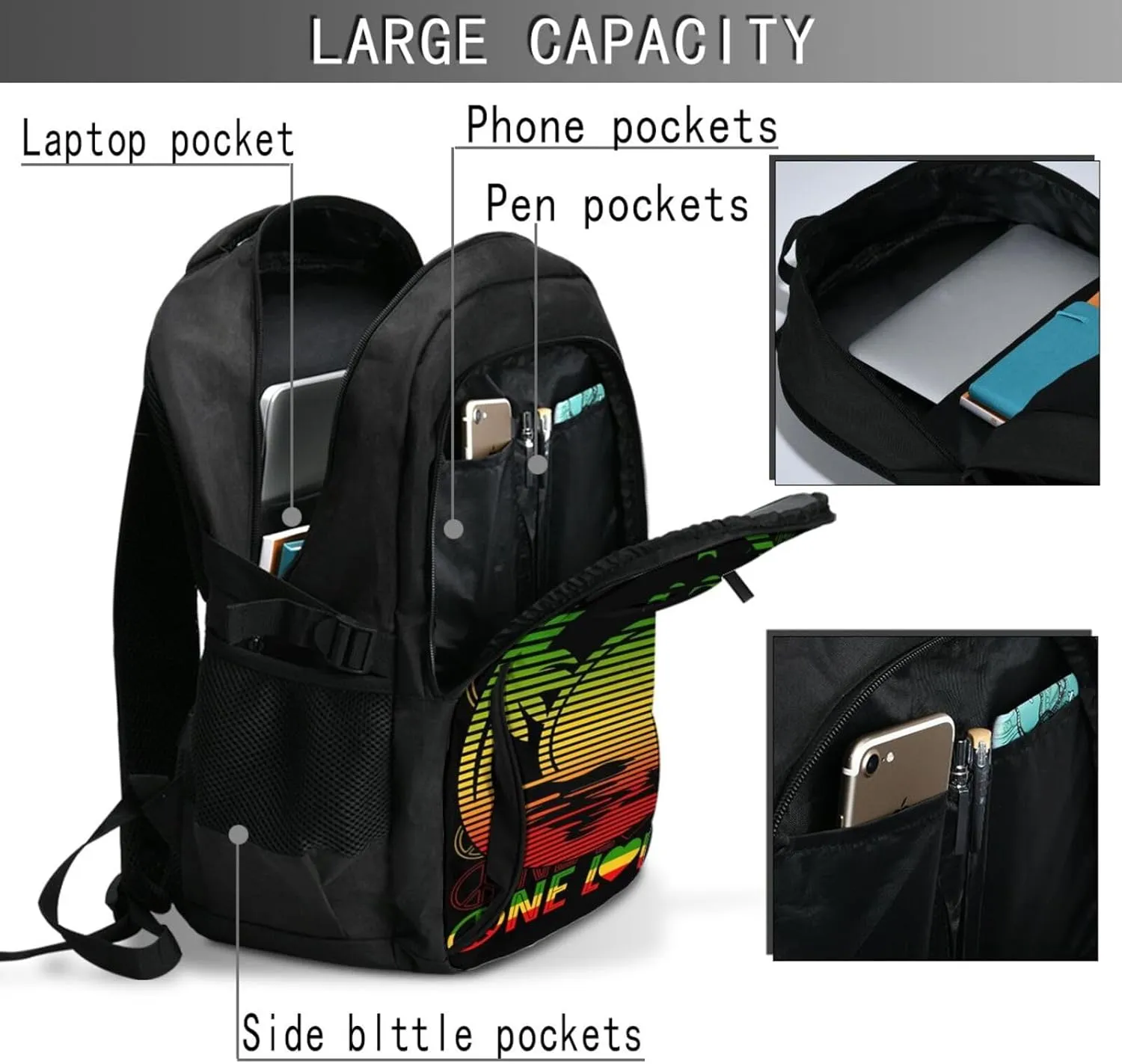 One Loves Caribbean Rastafari Jamaica Travel Backpack Laptop Backpacks Business Rucksack Outdoor Daypack Large Sport Bag with Luggage Strap USB Charging Port for Hiking Working