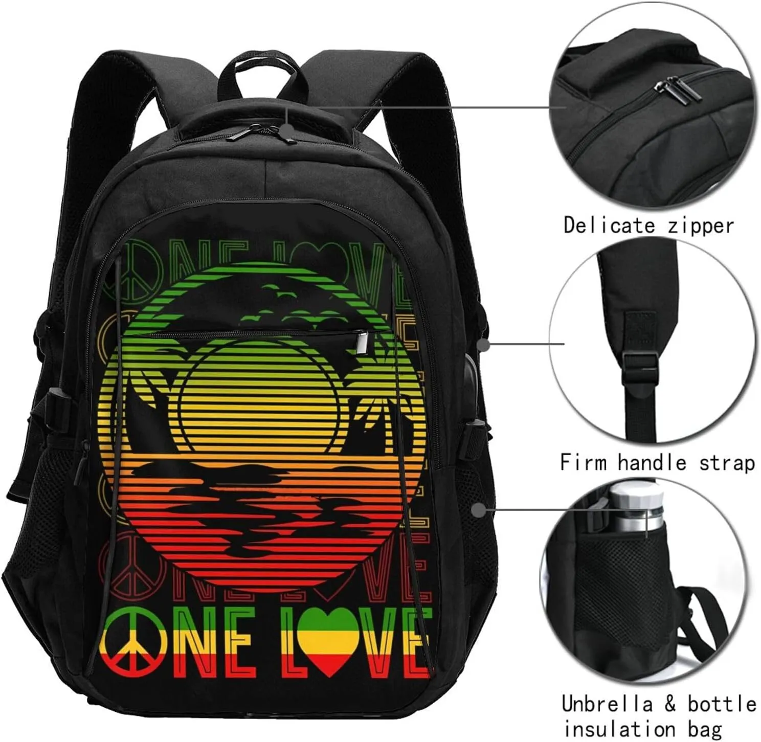 One Loves Caribbean Rastafari Jamaica Travel Backpack Laptop Backpacks Business Rucksack Outdoor Daypack Large Sport Bag with Luggage Strap USB Charging Port for Hiking Working