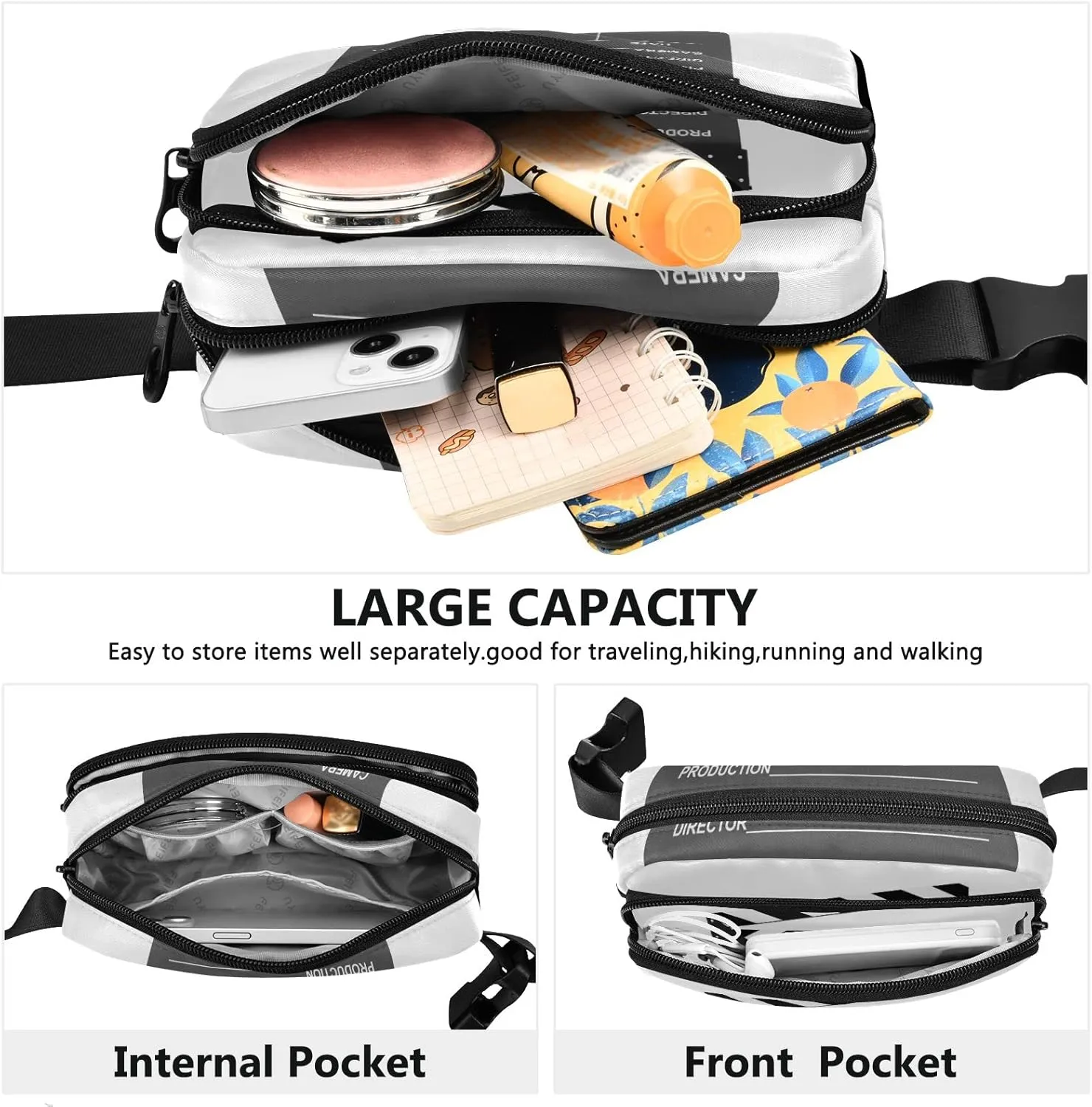 Oyihfvs Black Clapboard on White Background Adjustable Fanny Waist Pack Pouch, Waterproof Runners Sports Waist Pack Wallet for Sports Hiking Fitness Cycling Gym Women Men