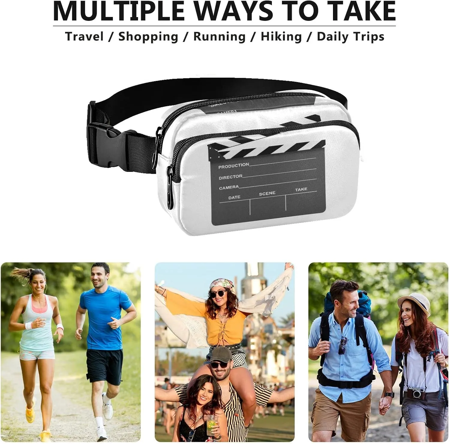 Oyihfvs Black Clapboard on White Background Adjustable Fanny Waist Pack Pouch, Waterproof Runners Sports Waist Pack Wallet for Sports Hiking Fitness Cycling Gym Women Men
