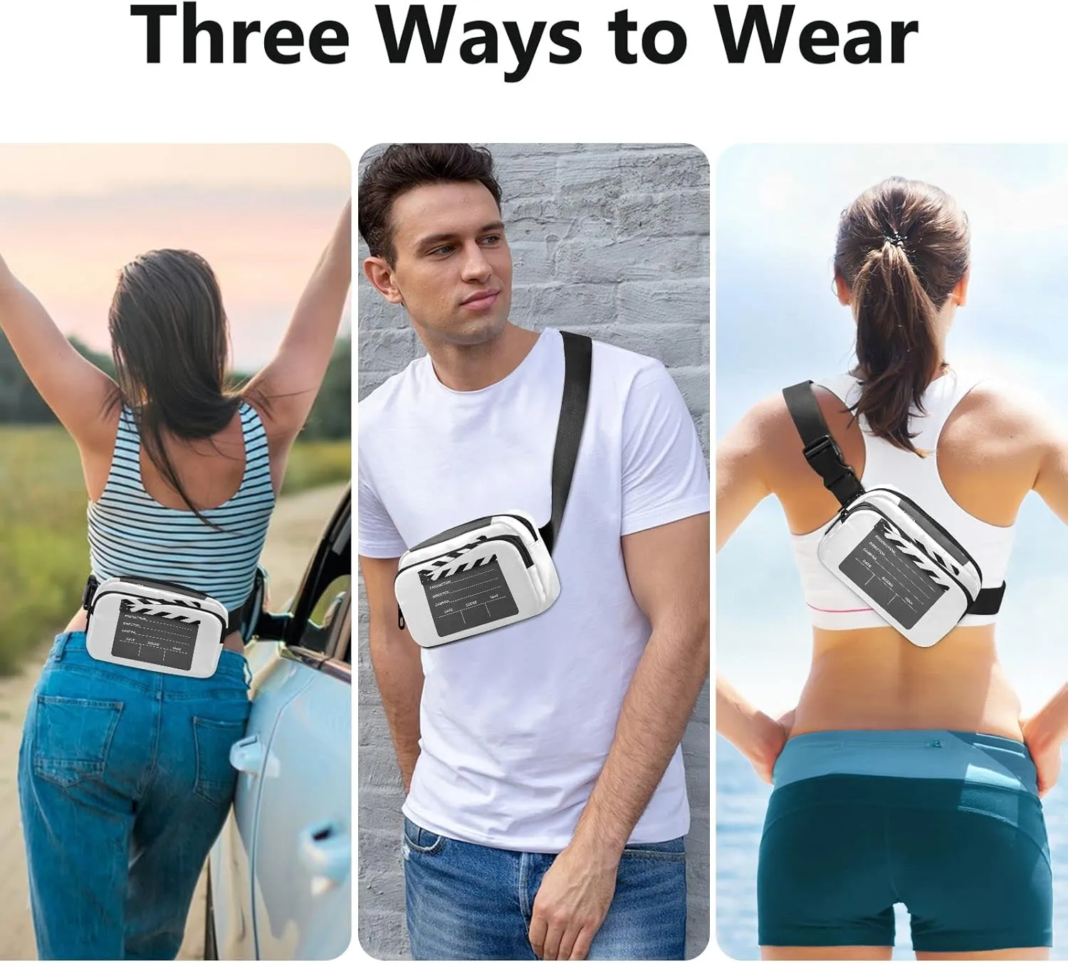 Oyihfvs Black Clapboard on White Background Adjustable Fanny Waist Pack Pouch, Waterproof Runners Sports Waist Pack Wallet for Sports Hiking Fitness Cycling Gym Women Men
