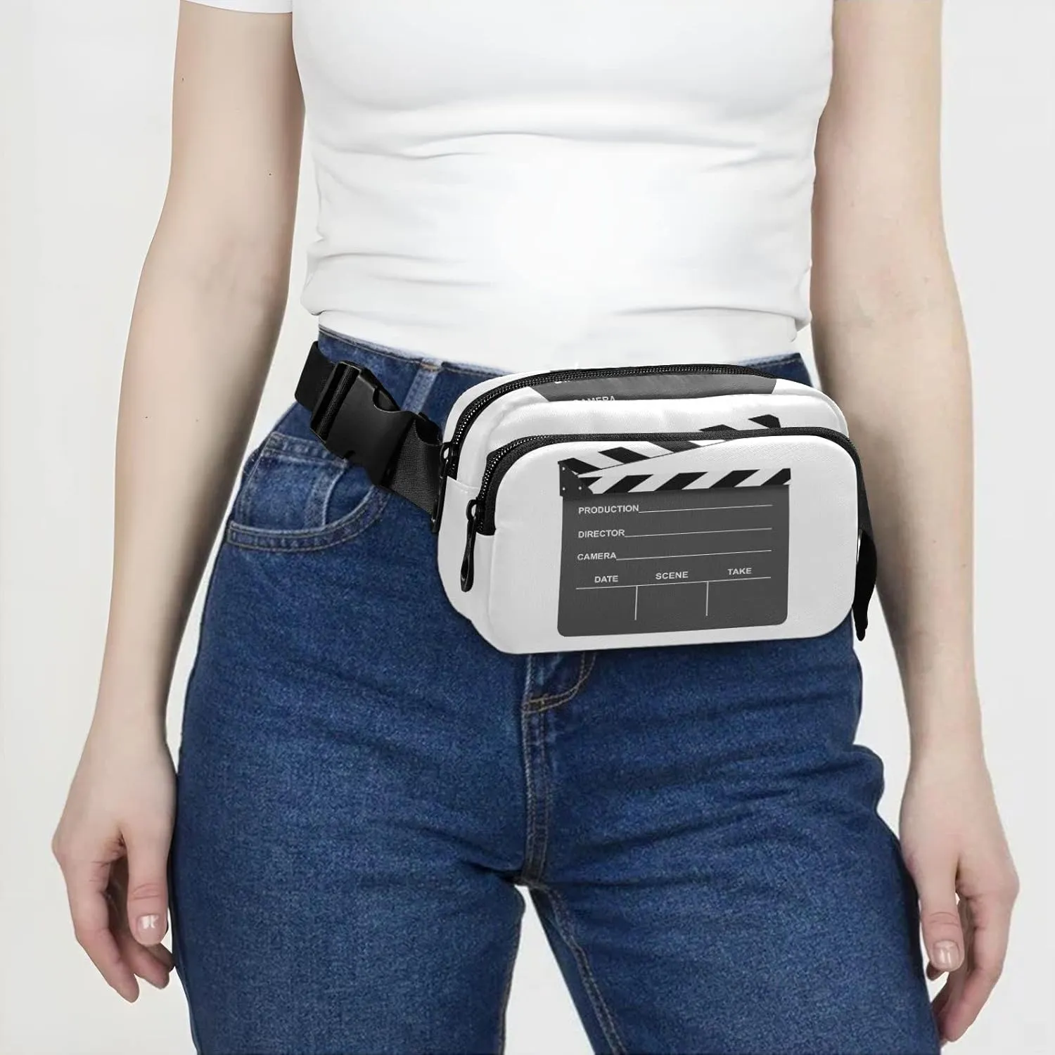 Oyihfvs Black Clapboard on White Background Adjustable Fanny Waist Pack Pouch, Waterproof Runners Sports Waist Pack Wallet for Sports Hiking Fitness Cycling Gym Women Men
