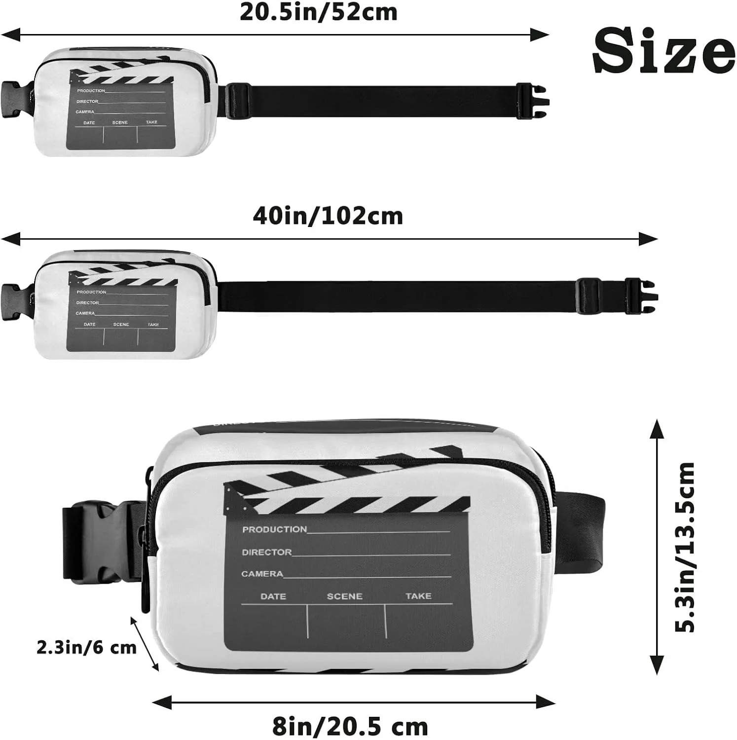 Oyihfvs Black Clapboard on White Background Adjustable Fanny Waist Pack Pouch, Waterproof Runners Sports Waist Pack Wallet for Sports Hiking Fitness Cycling Gym Women Men