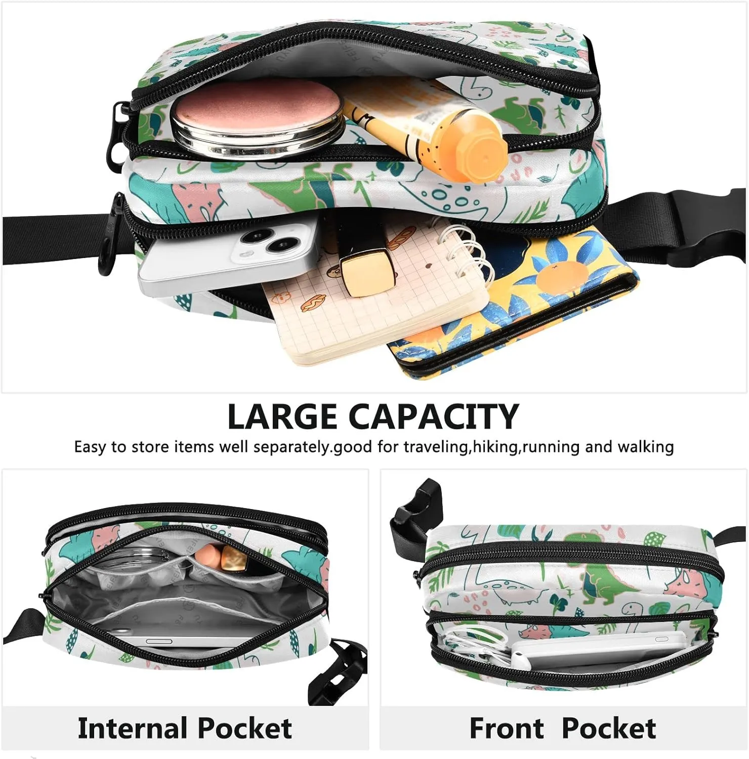 Oyihfvs Seamless Cute Childish Dino Dinosaurs Green Palm Trees on White Adjustable Fanny Waist Pack Pouch, Waterproof Runners Sports Waist Pack Wallet for Sports Hiking Fitness Cycling Gym Women Men