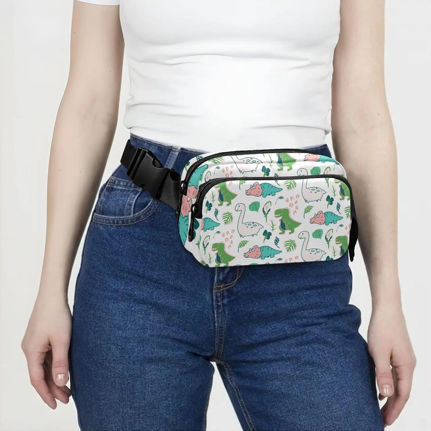 Oyihfvs Seamless Cute Childish Dino Dinosaurs Green Palm Trees on White Adjustable Fanny Waist Pack Pouch, Waterproof Runners Sports Waist Pack Wallet for Sports Hiking Fitness Cycling Gym Women Men