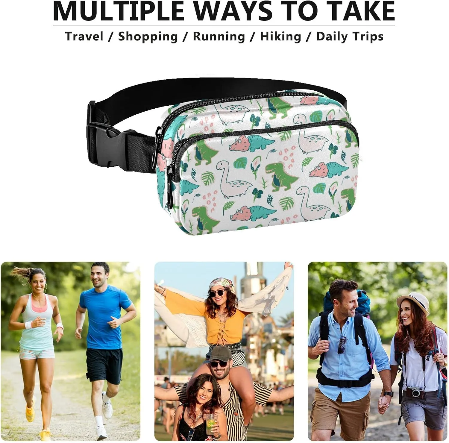 Oyihfvs Seamless Cute Childish Dino Dinosaurs Green Palm Trees on White Adjustable Fanny Waist Pack Pouch, Waterproof Runners Sports Waist Pack Wallet for Sports Hiking Fitness Cycling Gym Women Men