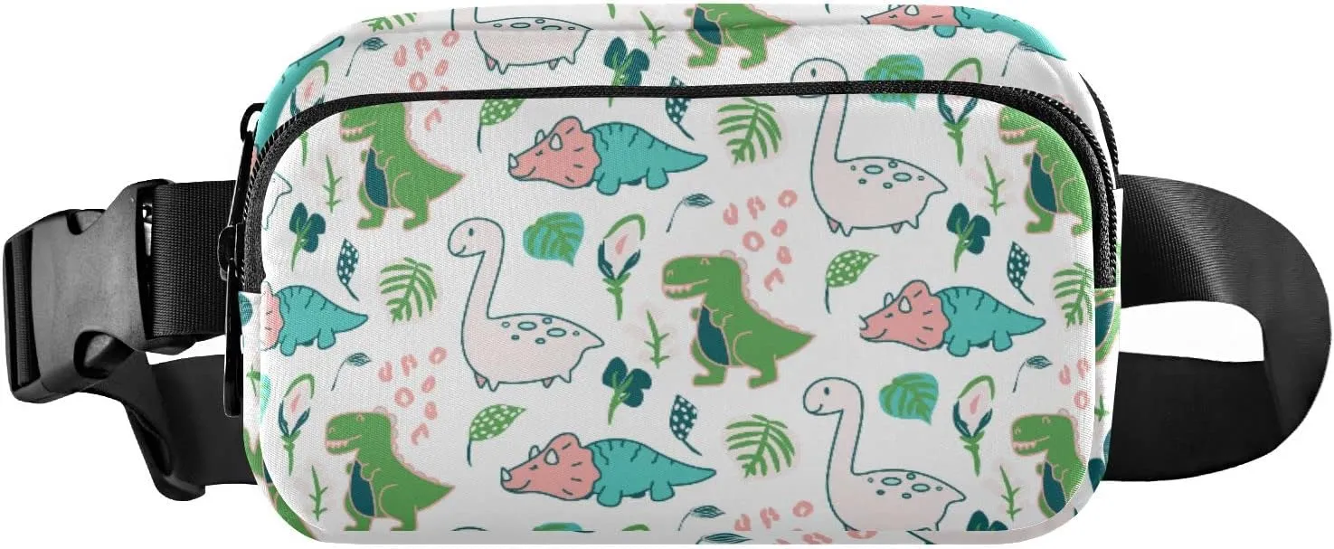 Oyihfvs Seamless Cute Childish Dino Dinosaurs Green Palm Trees on White Adjustable Fanny Waist Pack Pouch, Waterproof Runners Sports Waist Pack Wallet for Sports Hiking Fitness Cycling Gym Women Men