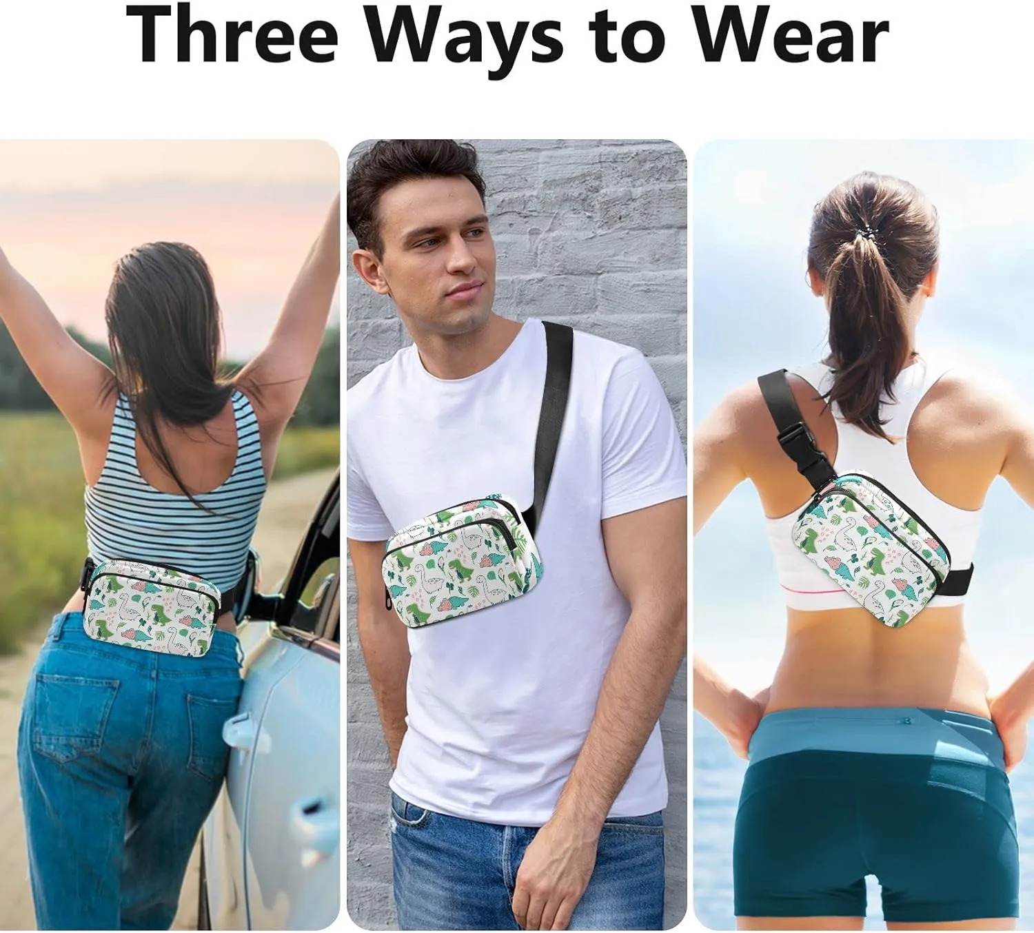 Oyihfvs Seamless Cute Childish Dino Dinosaurs Green Palm Trees on White Adjustable Fanny Waist Pack Pouch, Waterproof Runners Sports Waist Pack Wallet for Sports Hiking Fitness Cycling Gym Women Men