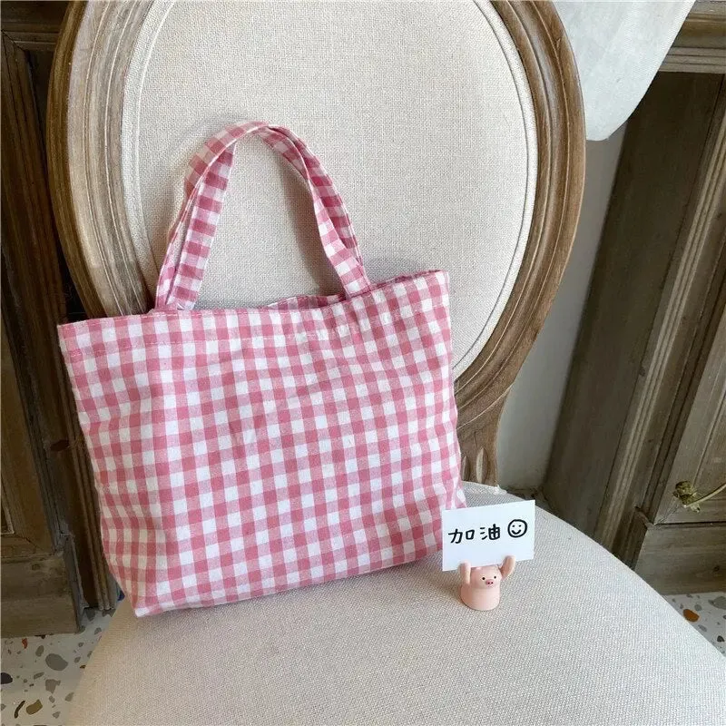 Portable Beach Lunch Bag | Japanese Plaid Cotton | Stylish and Simple Tote for Picnics and Outdoor Fun | Perfect for Women, Kids, and Family Outings