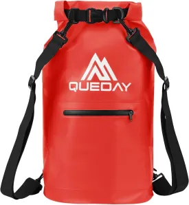 Queday Waterproof Dry Bag with Front Zippered Pocket for Women Men, 30L Roll Top Lightweight Dry Storage Bag Backpack for Travel, Kayaking, Boating, Rafting, Camping, Hiking & Beach Red