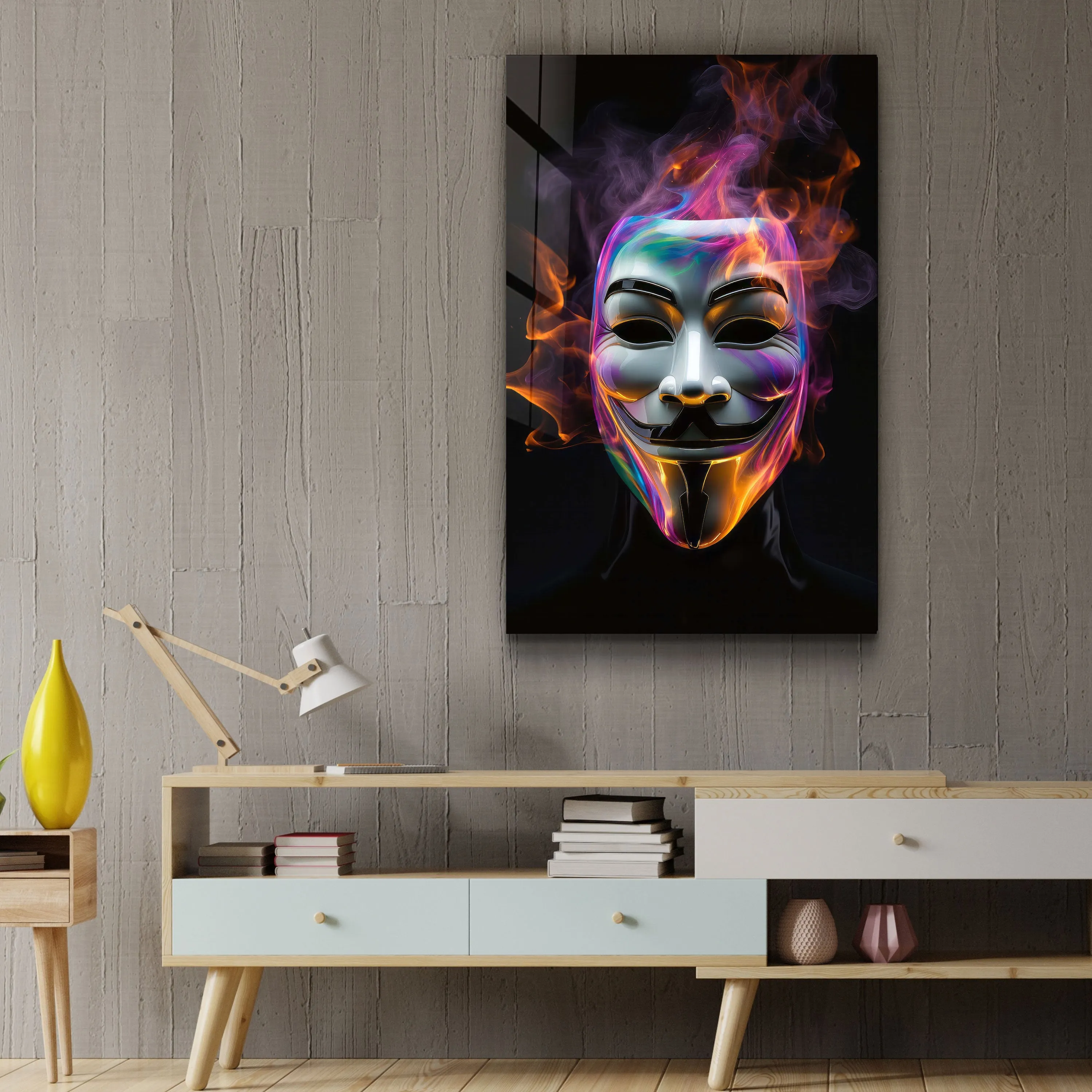 ."Salvador Mask with Neon Smokes". Designers Collection Glass Wall Art