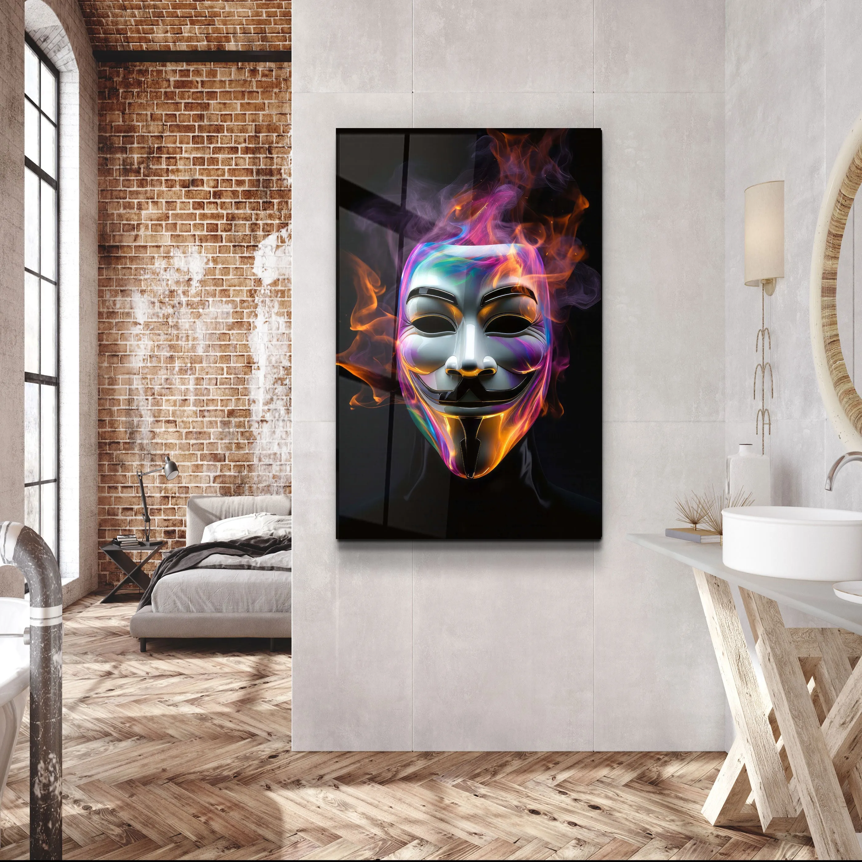 ."Salvador Mask with Neon Smokes". Designers Collection Glass Wall Art