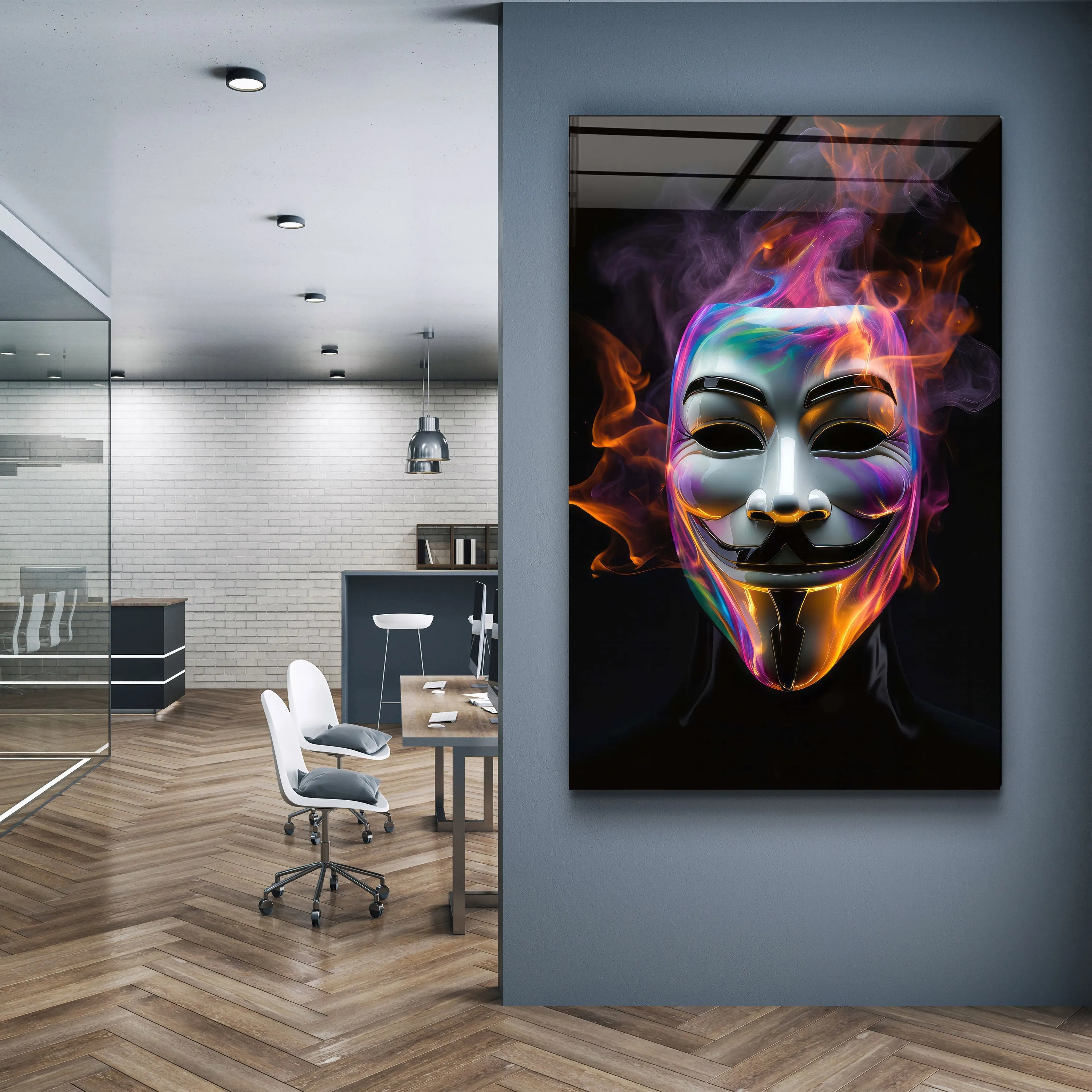 ."Salvador Mask with Neon Smokes". Designers Collection Glass Wall Art