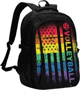 Rainbow American Flag Volleyball Gay Pride LGBTQ Sports Travel Backpack Laptop Backpacks Business Rucksack Outdoor Daypack Large Sport Bag with Luggage Strap USB Charging Port for Hiking