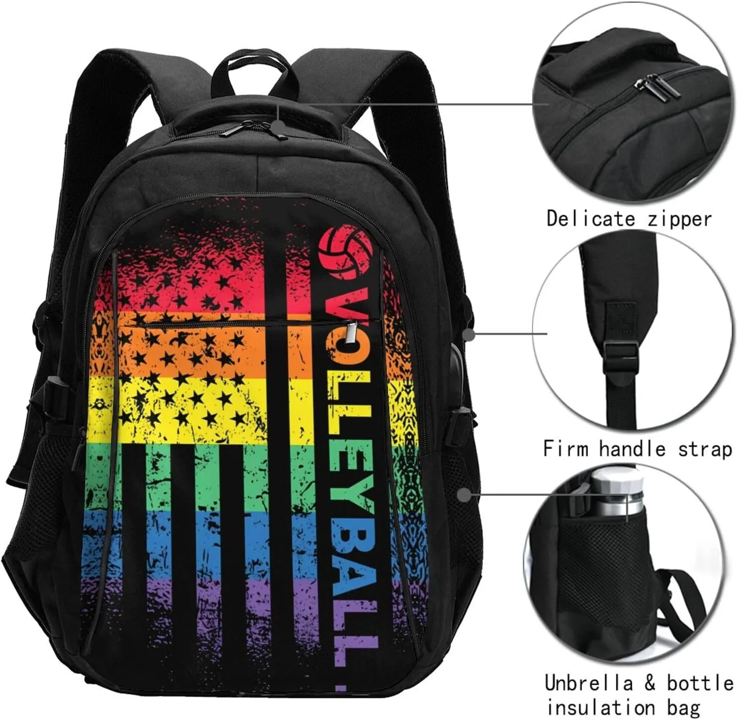 Rainbow American Flag Volleyball Gay Pride LGBTQ Sports Travel Backpack Laptop Backpacks Business Rucksack Outdoor Daypack Large Sport Bag with Luggage Strap USB Charging Port for Hiking