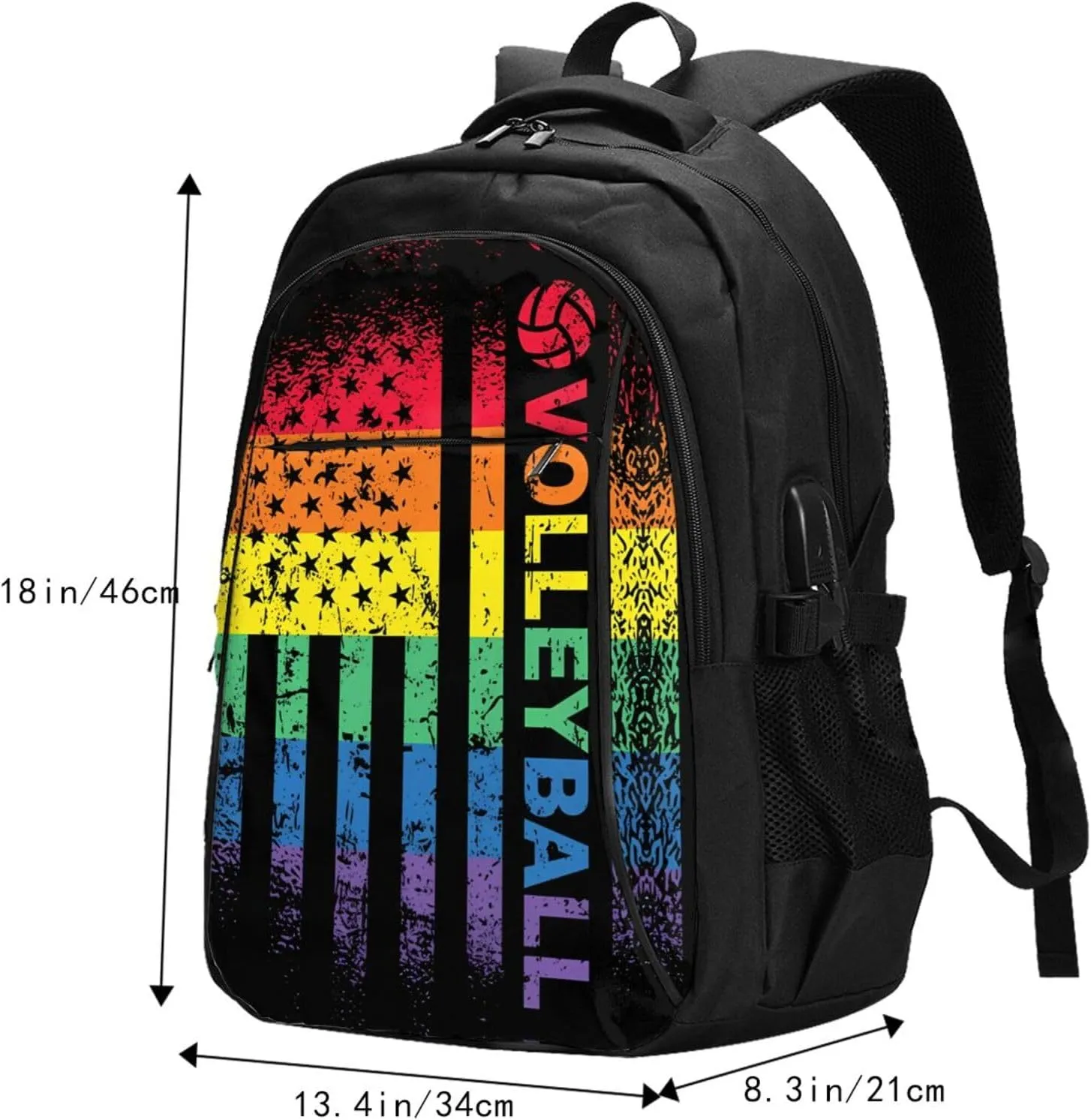Rainbow American Flag Volleyball Gay Pride LGBTQ Sports Travel Backpack Laptop Backpacks Business Rucksack Outdoor Daypack Large Sport Bag with Luggage Strap USB Charging Port for Hiking