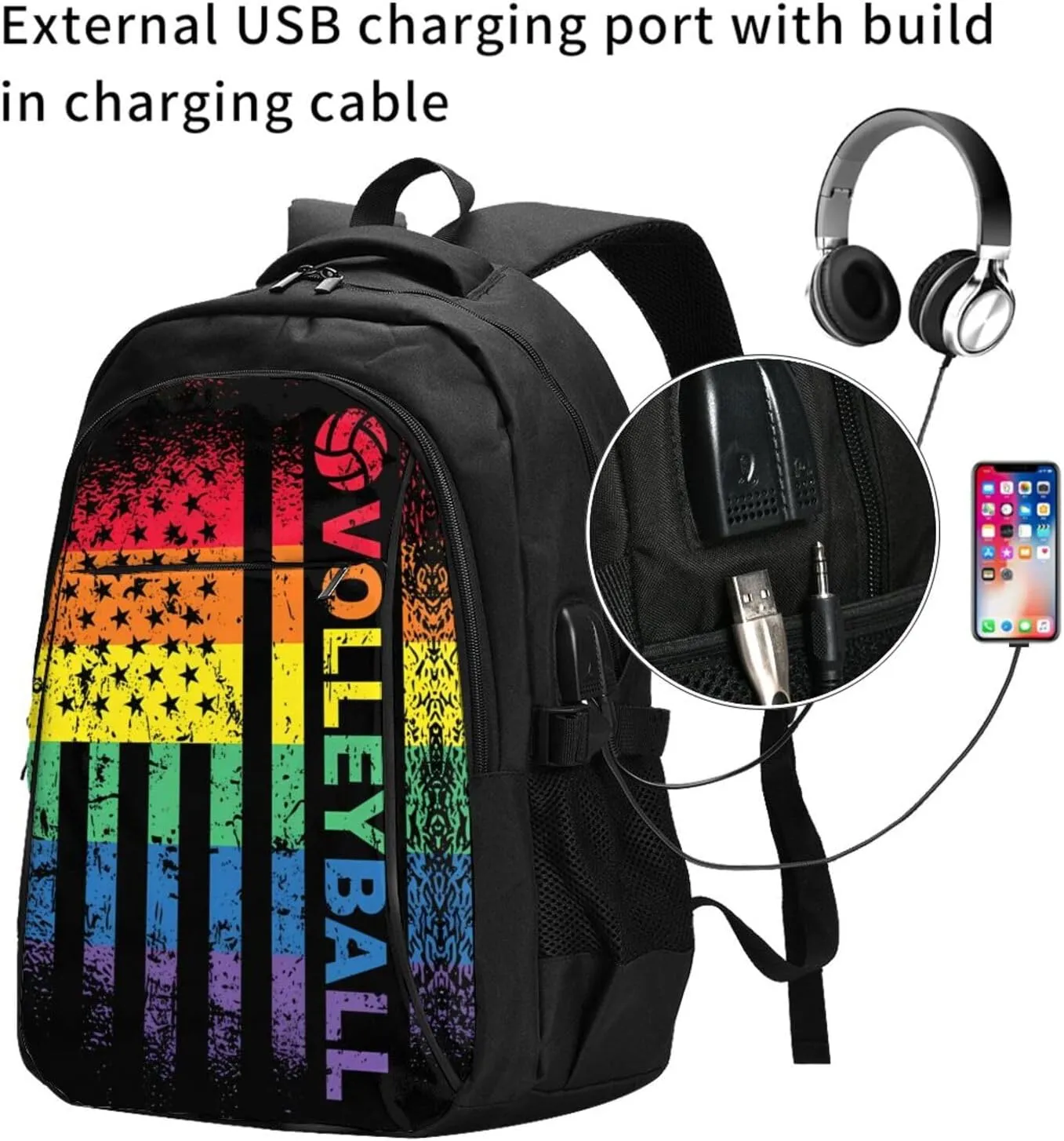 Rainbow American Flag Volleyball Gay Pride LGBTQ Sports Travel Backpack Laptop Backpacks Business Rucksack Outdoor Daypack Large Sport Bag with Luggage Strap USB Charging Port for Hiking