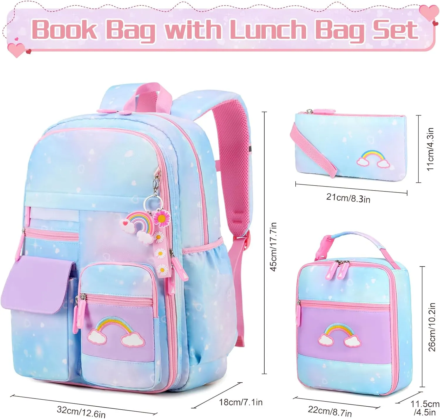 Rainbow School Backpack for Girls With Insulated Lunch Box and Pen Case Set - Kindergarten, Elementary, Middle School Book Bag for Children, Students