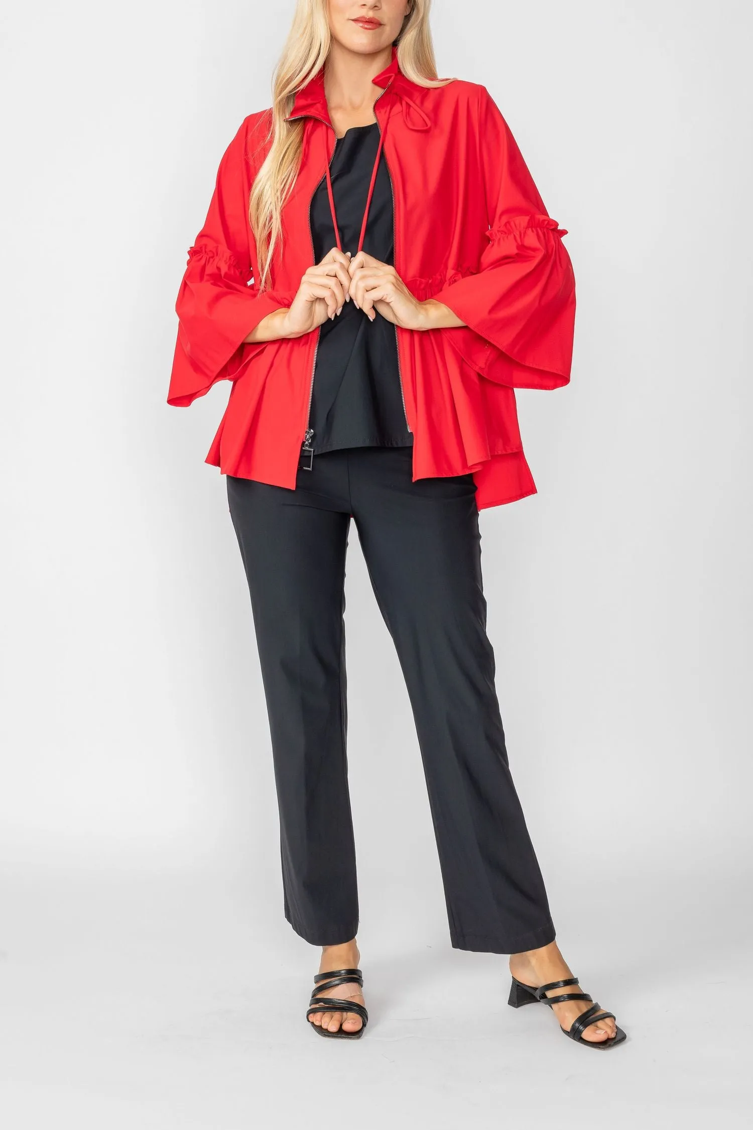 Red High Stand Draw Cord Collar & Shirring Jacket