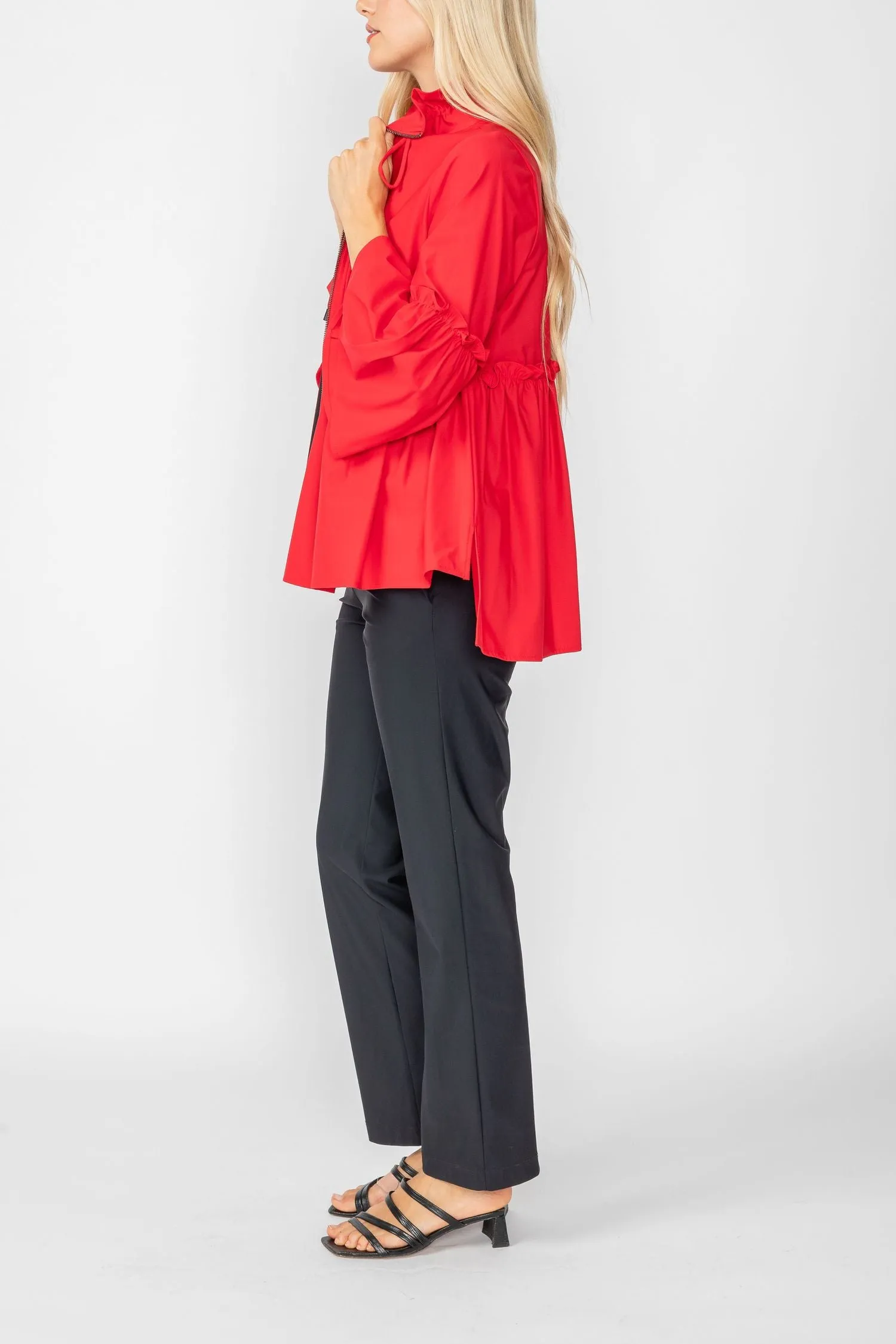 Red High Stand Draw Cord Collar & Shirring Jacket