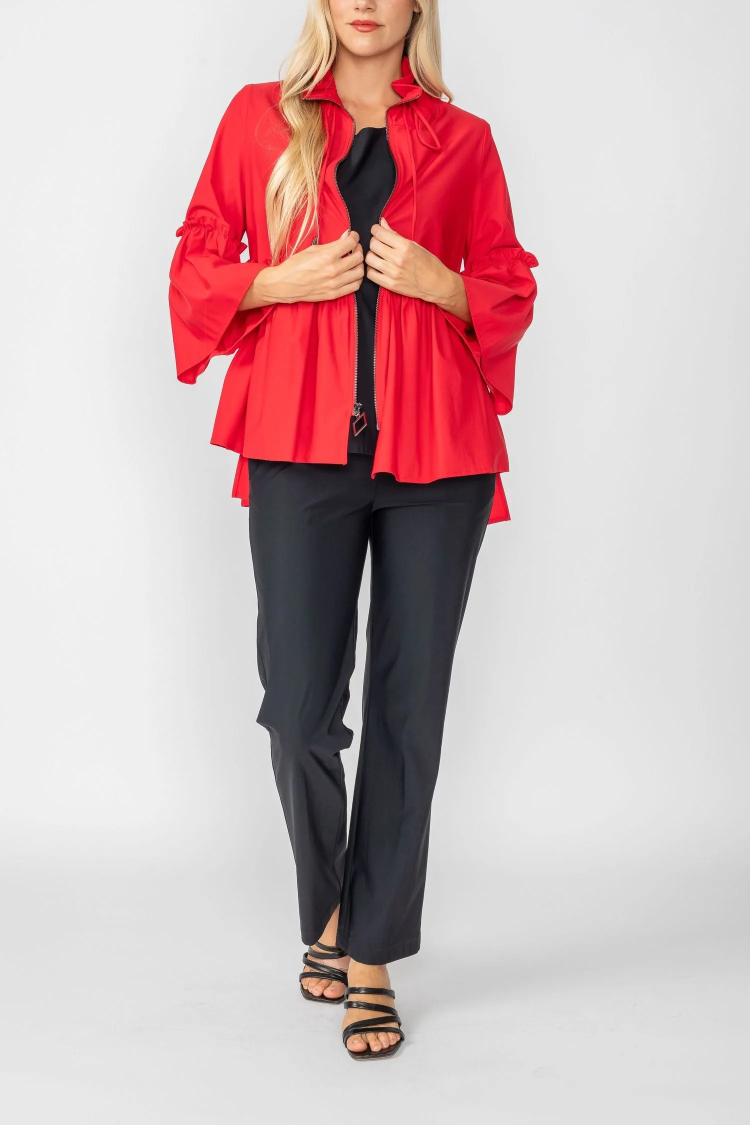 Red High Stand Draw Cord Collar & Shirring Jacket