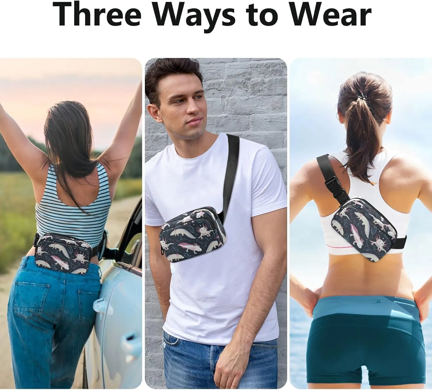 Seamless Pink White Swimming Axolotls, Blue Algae Leaves on Dark Adjustable Belt Running Bag, Crossbody Fanny Pack Waist Runners Bag Tote for Women Men Sports Hiking Fitness Exercise Gym Pouch