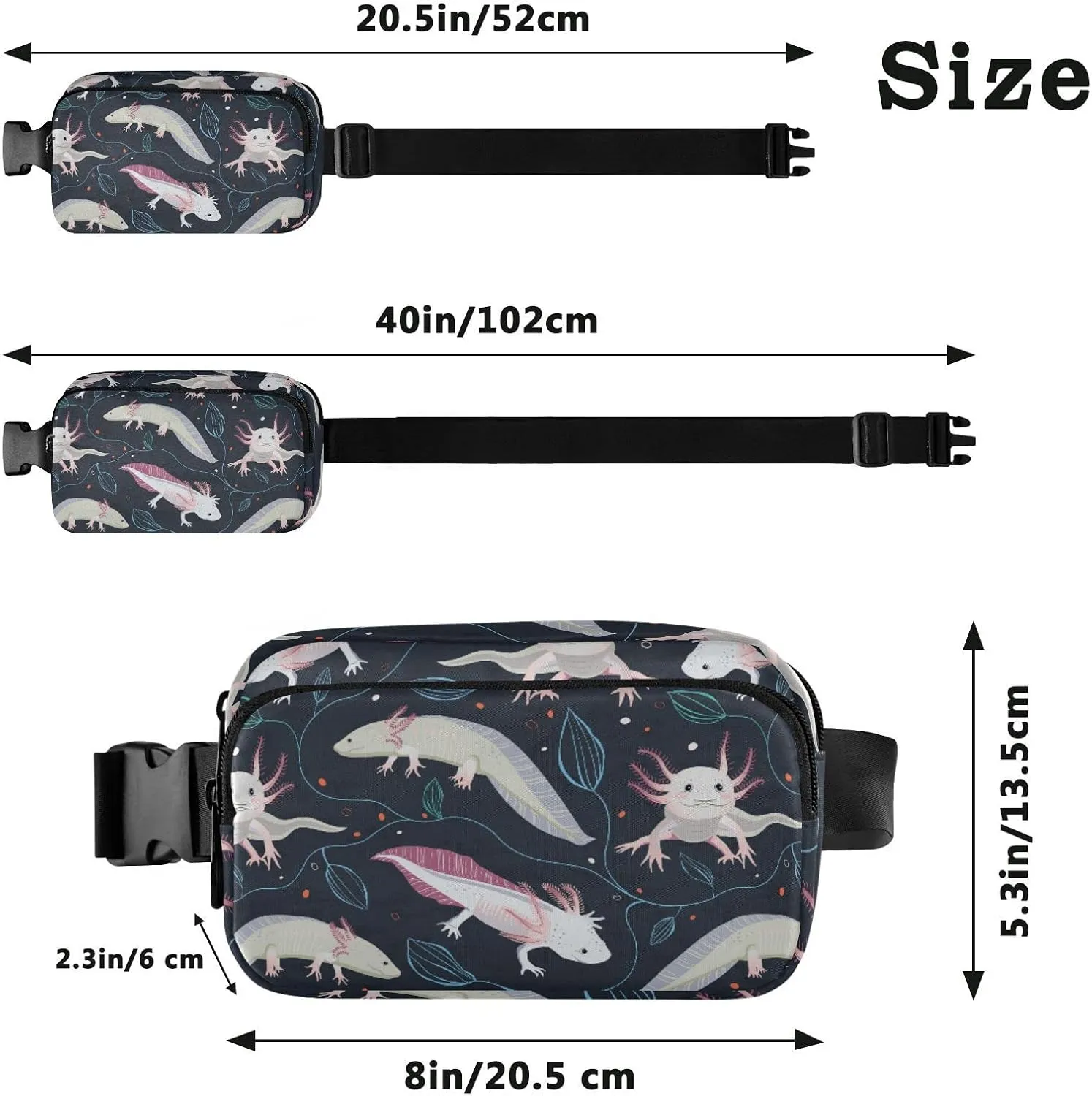 Seamless Pink White Swimming Axolotls, Blue Algae Leaves on Dark Adjustable Belt Running Bag, Crossbody Fanny Pack Waist Runners Bag Tote for Women Men Sports Hiking Fitness Exercise Gym Pouch