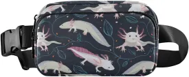 Seamless Pink White Swimming Axolotls, Blue Algae Leaves on Dark Adjustable Belt Running Bag, Crossbody Fanny Pack Waist Runners Bag Tote for Women Men Sports Hiking Fitness Exercise Gym Pouch